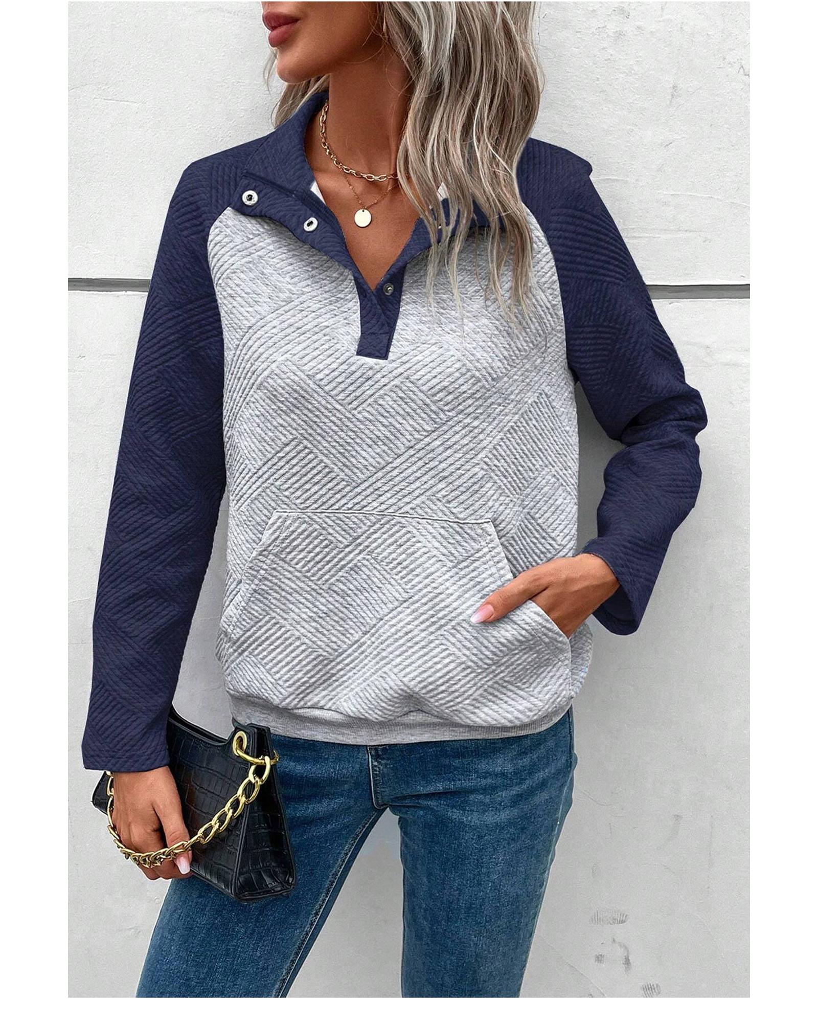 V539-AZEXDC25126467-P1122-S-202506120205-00 Gray Textured Contrast Splicing Raglan Sleeve Top - S - Image 1