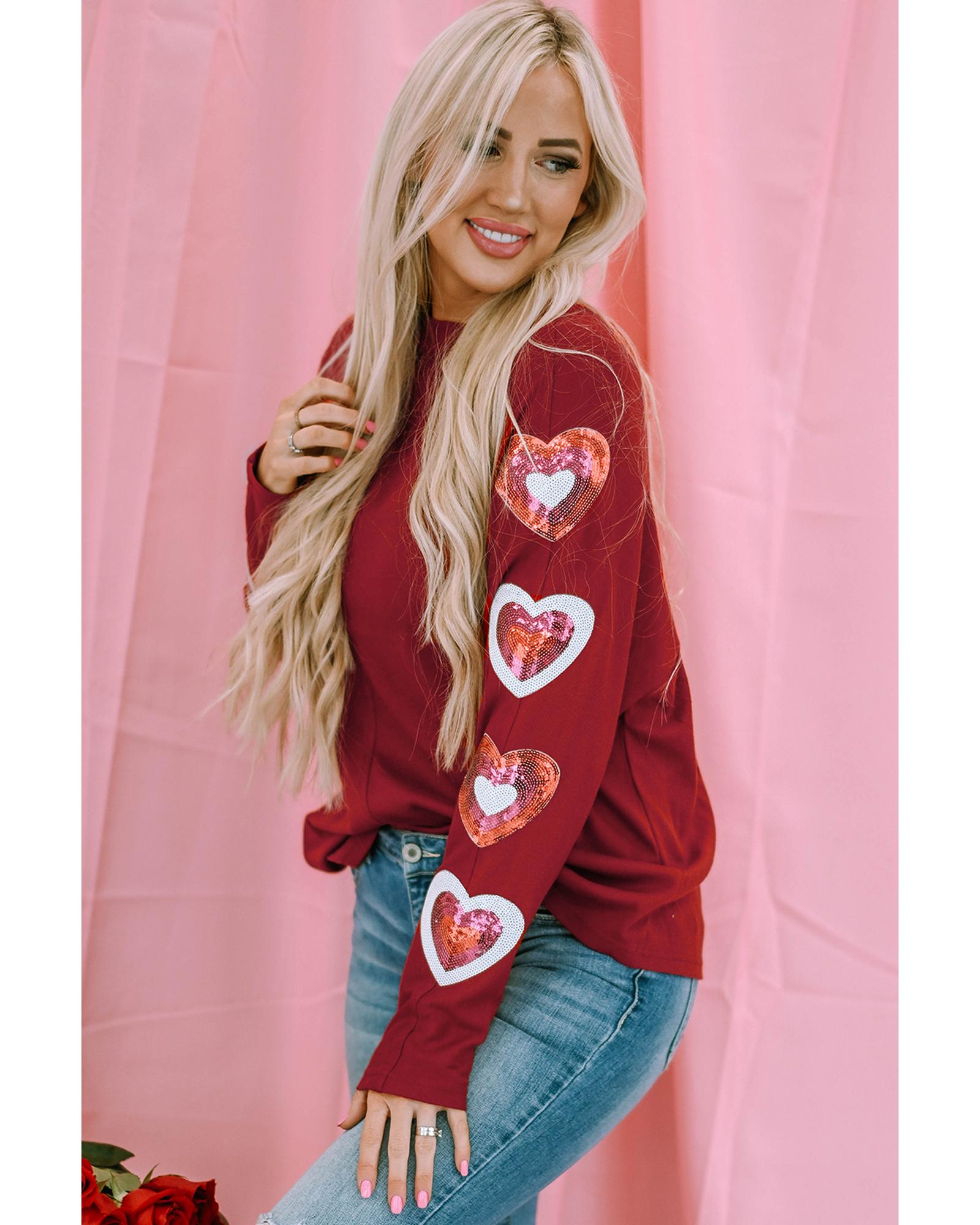 V539-AZEXDC25126508-3-S-202506120212-00 Red Sequined Heart Printed Sleeves Valentine Fashion Top - S - Image 1