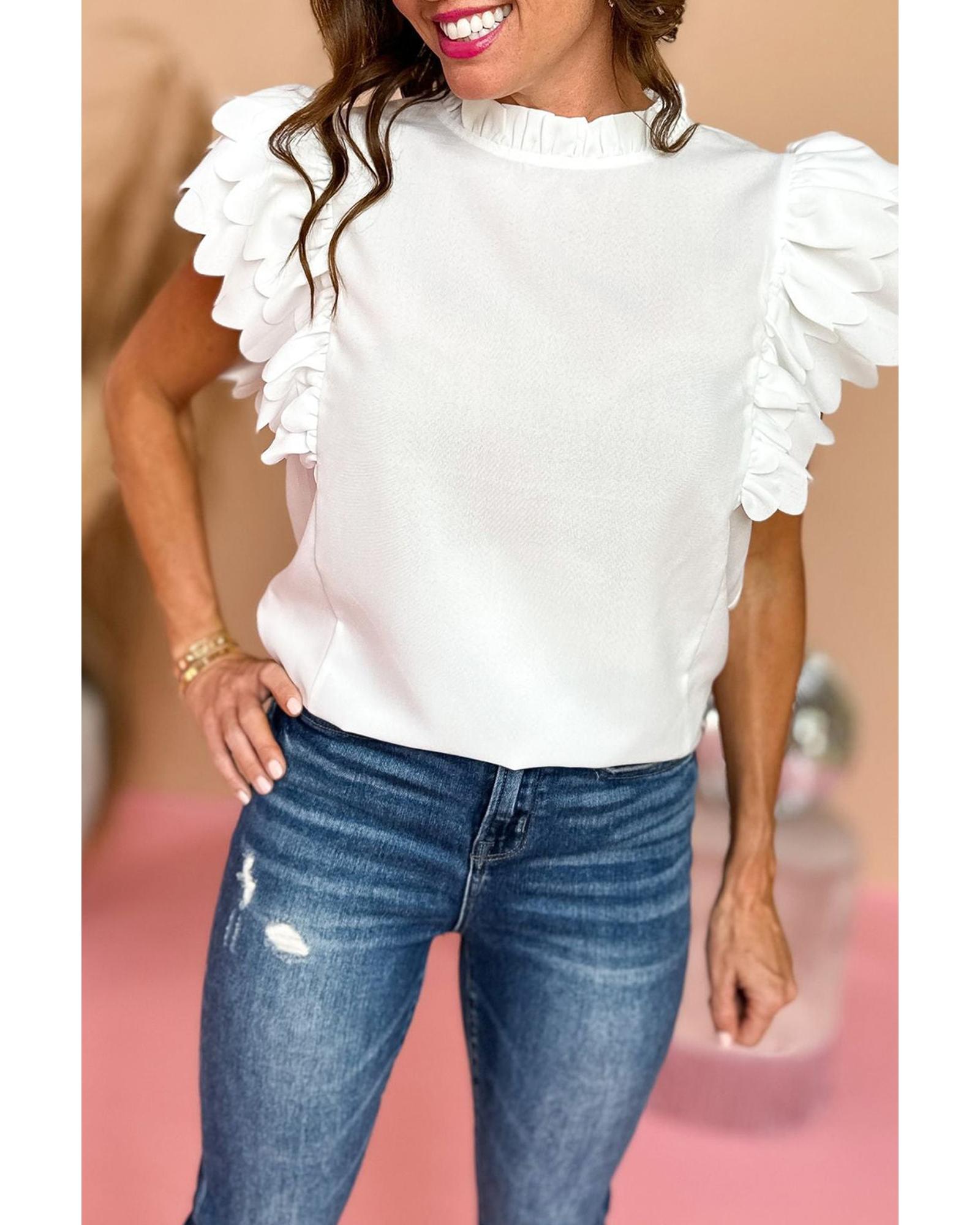 V539-AZEXDC25126676-P1-L-202508270325-00 White Solid Color Scalloped Ruffle Sleeve Top - L - Image 1