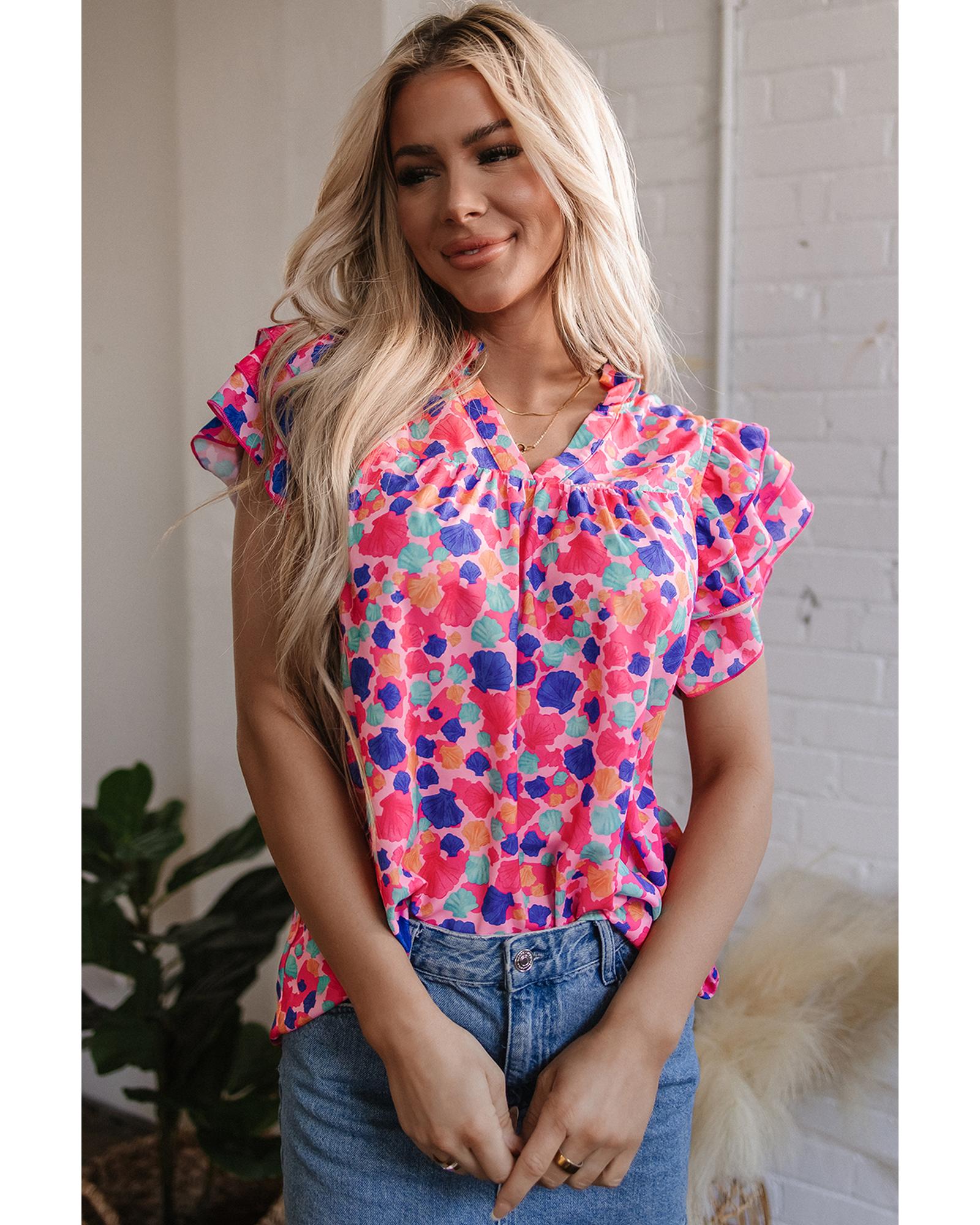 V539-AZEXDC25126678-P622-XL-202508271205-00 Rose Red Abstract Print Ruffled Sleeve V Neck Blouse - XL - Image 1