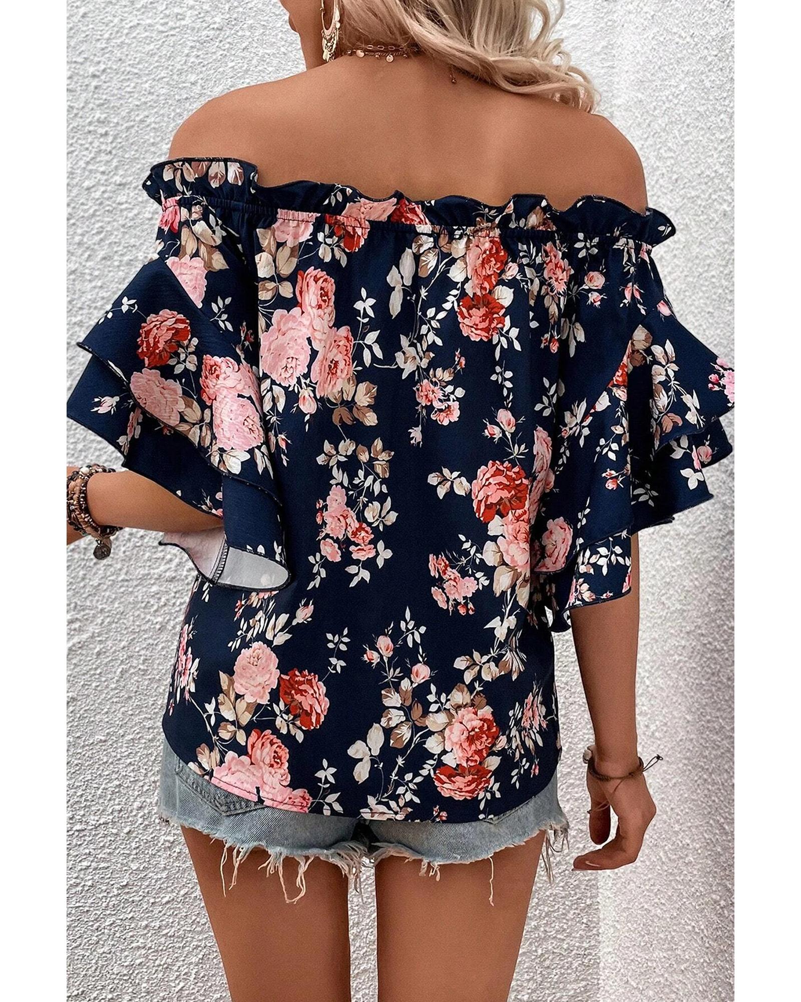 V539-AZEXDC25126699-P520-S-202506191716-00 Blue Ruffle Off Shoulder Flounce Sleeve Floral Blouse - S - Image 1