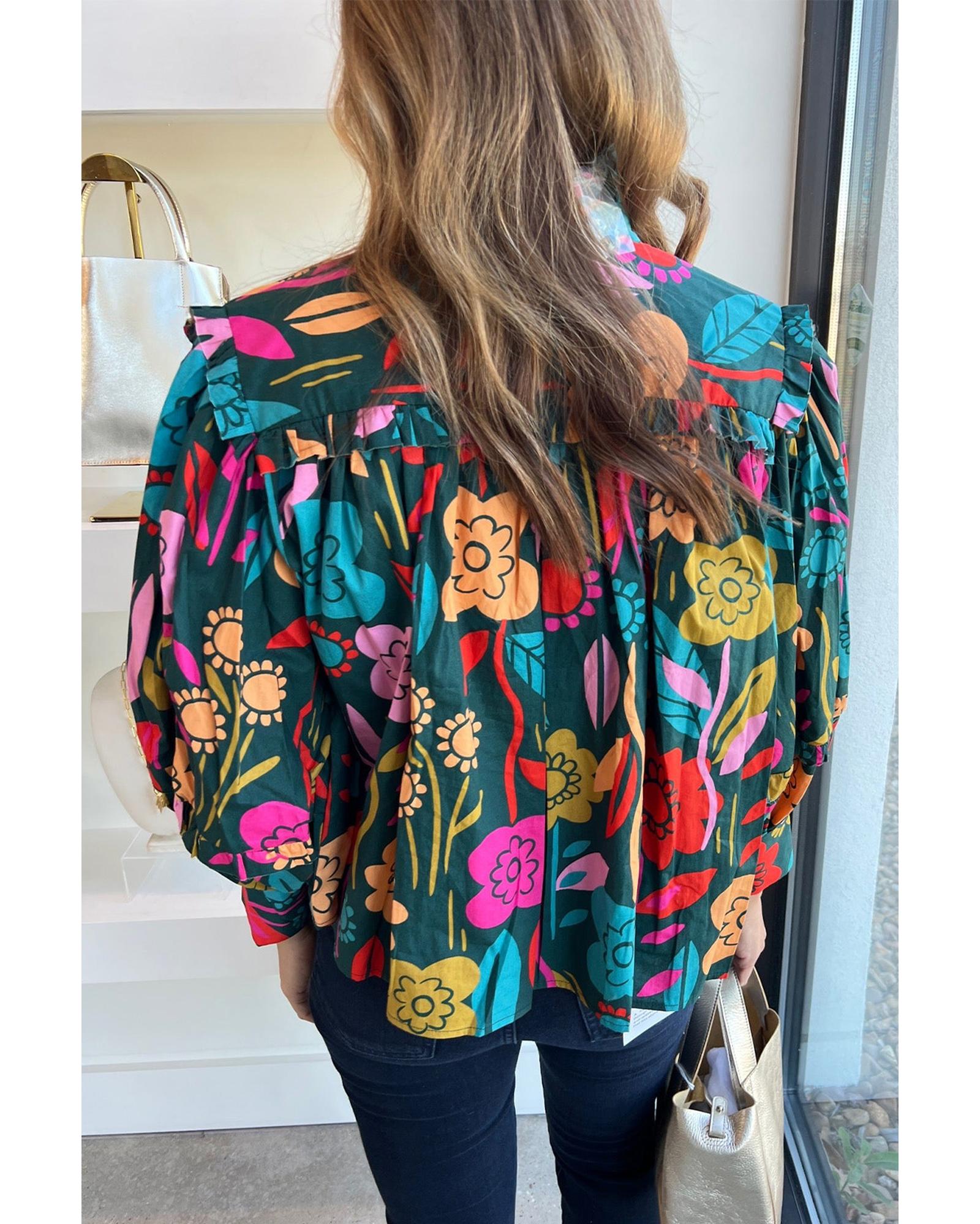 V539-AZEXDC25126809-P920-M-202508271120-00 Green Floral Knot Split Neck Puff Sleeve Blouse - M - Image 1