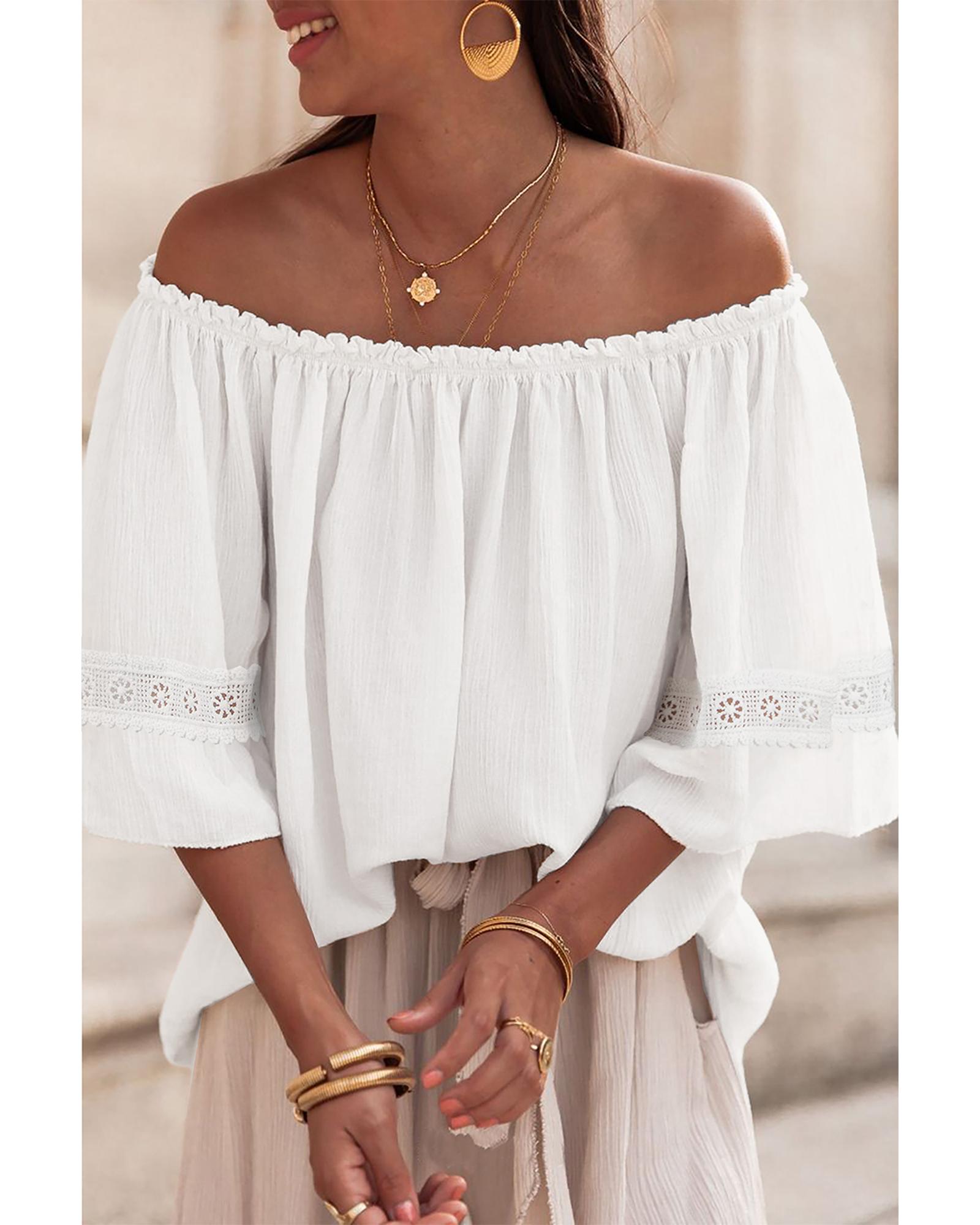 V539-AZEXDC25126873-P1-L-202508271535-00 White Frilly Off Shoulder Lace Insert Sleeve Textured Blouse - L - Image 1