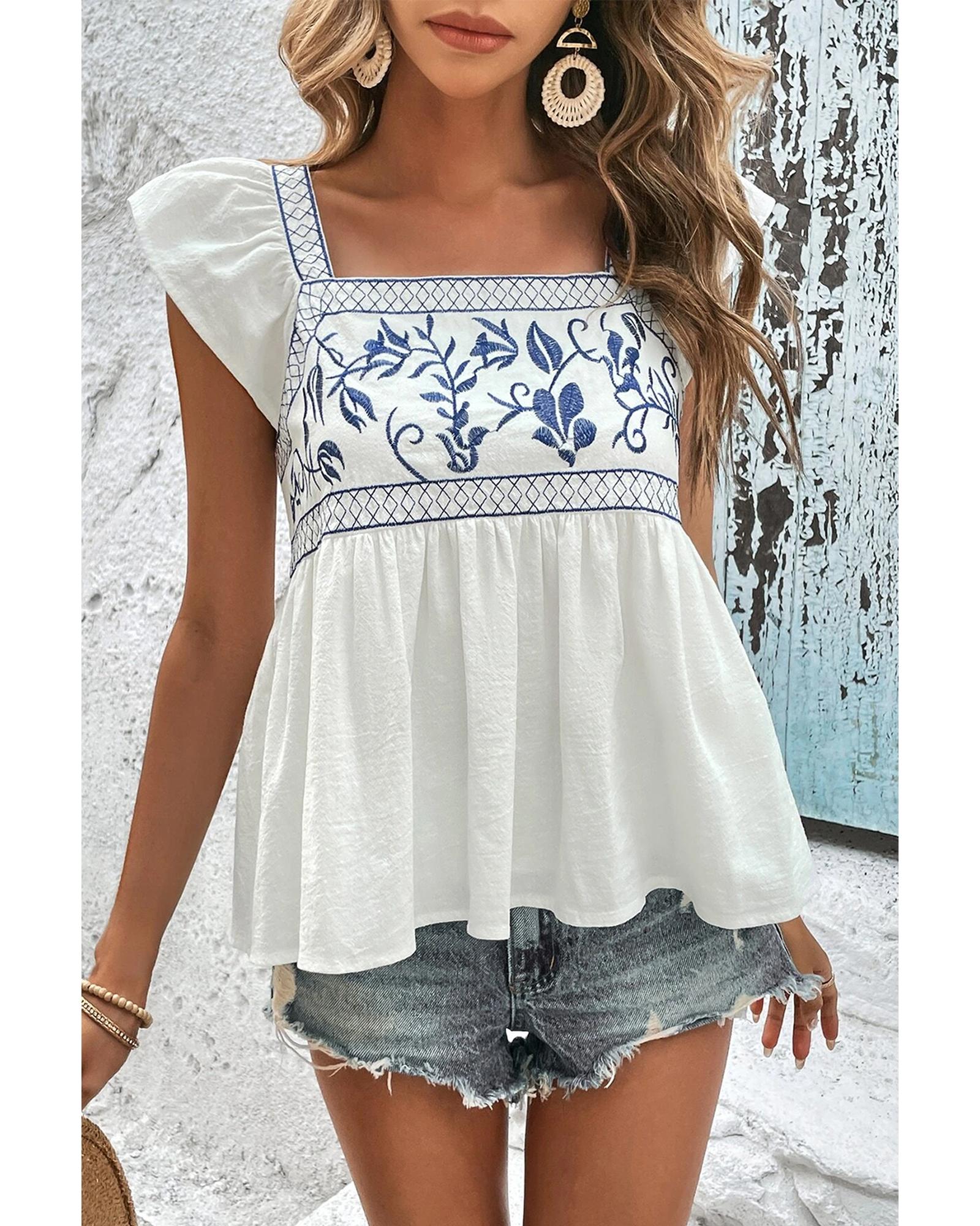 V539-AZEXDC25126906-P1-L-202506120331-00 White Embroidered Bust Square Neck Peplum Blouse - L - Image 1