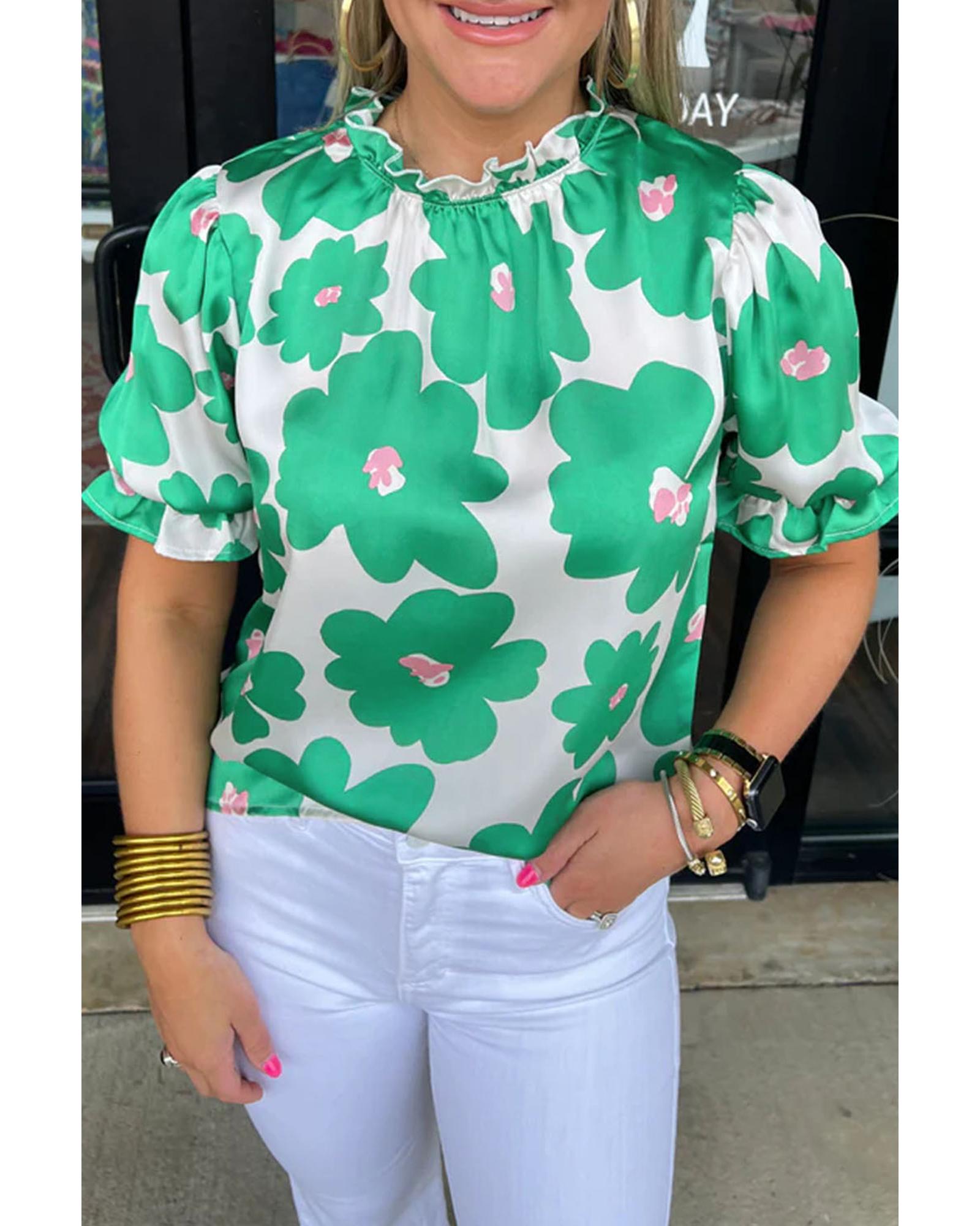 V539-AZEXDC25127364-P920-L-202508270440-00 Green Floral Puff Sleeve Frill Neckline Blouse - L - Image 1
