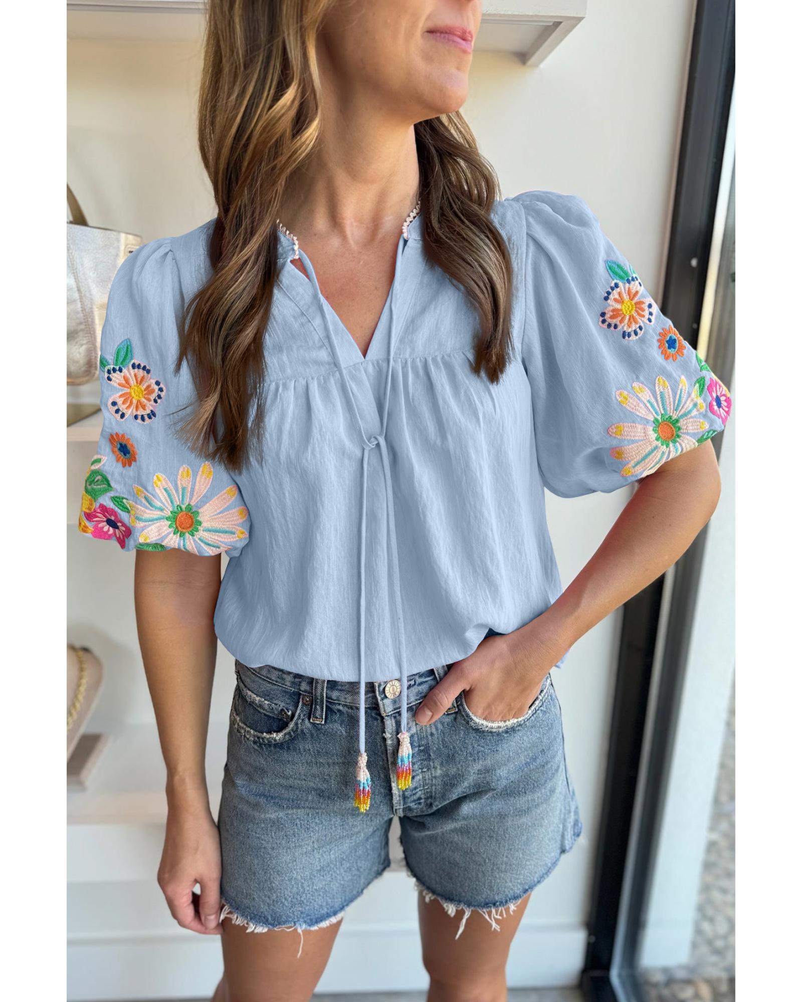 V539-AZEXDC25127411-P804-L-202508272125-00 Beau Blue Floral Embroidered Puff Sleeve Split Neck Blouse - L - Image 1
