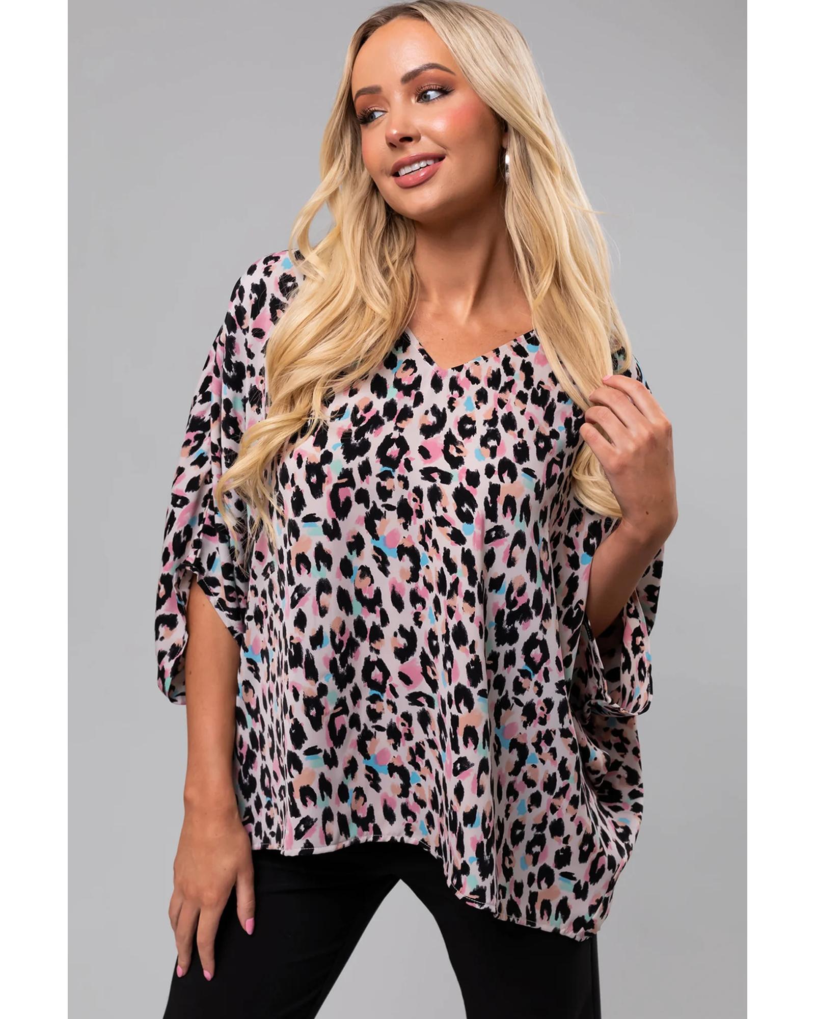 V539-AZEXDC25128104-P1020-S-202506120630-00 Pink Multicolor Leopard Print V Neck Oversized Blouse - S - Image 1