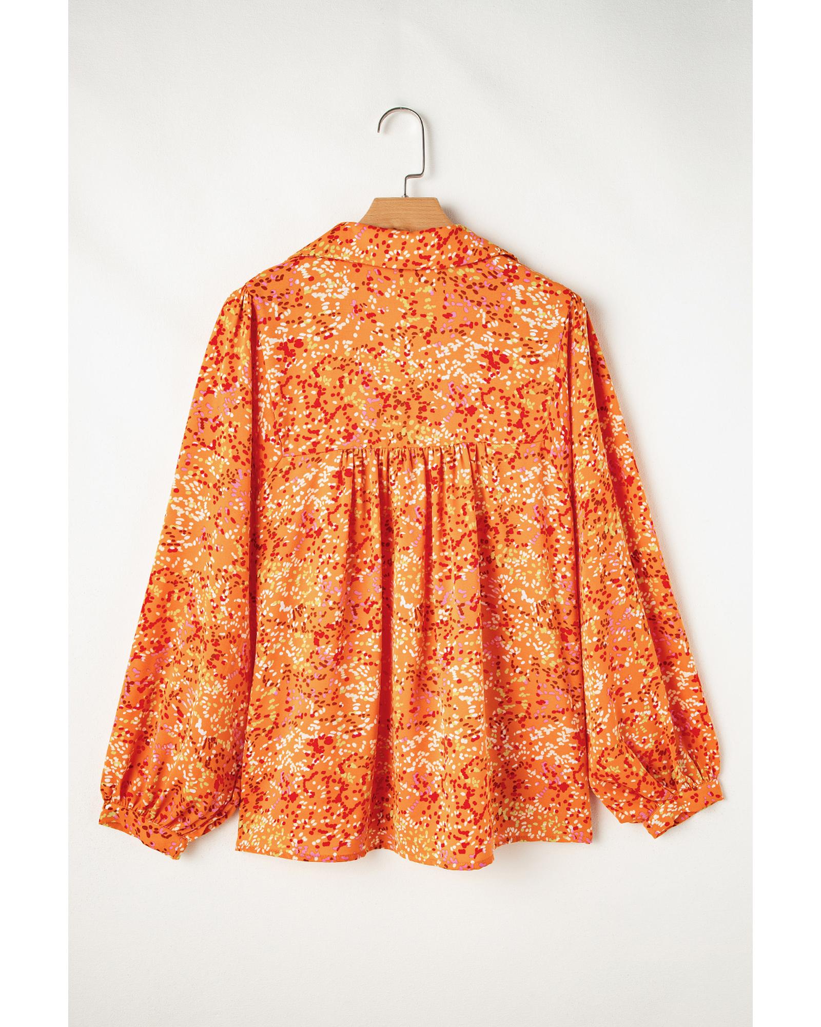 V539-AZEXDC25128282-P1420-S-202506120736-00 Orange Abstract Print Collared V Neck Babydoll Blouse - S - Image 1