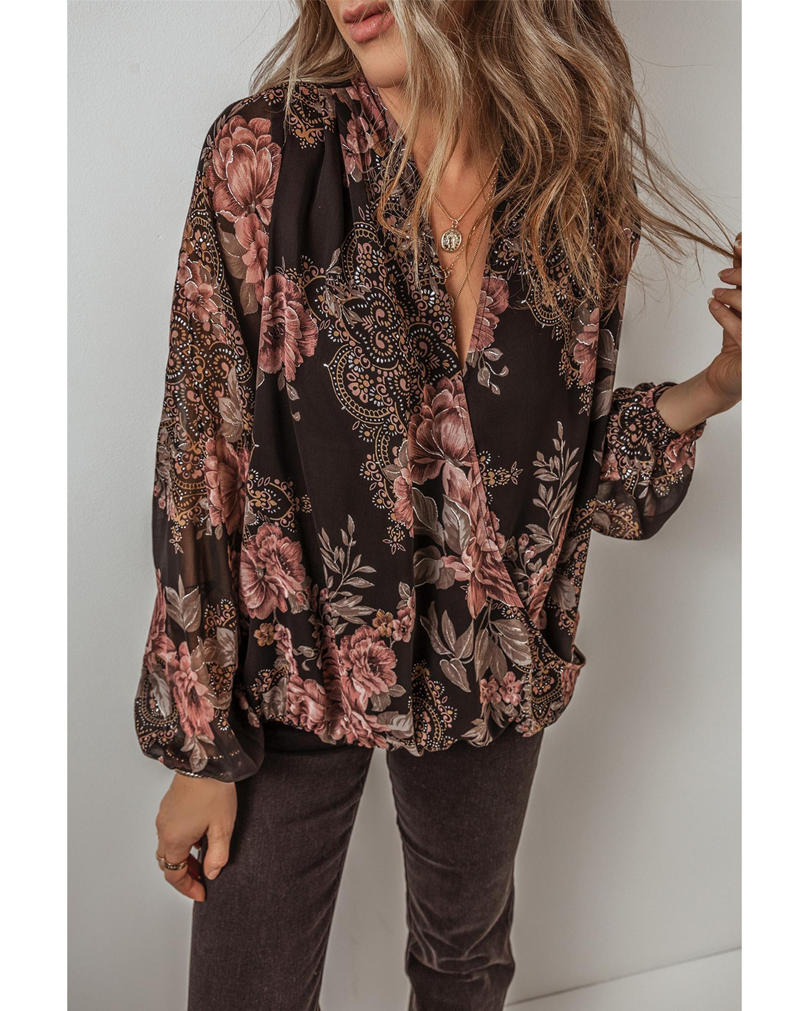 V539-AZEXDC25128458-P220-S-202506120237-00 Black Floral Print Criss Cross V Neck Balloon Sleeve Blouse - S - Image 1