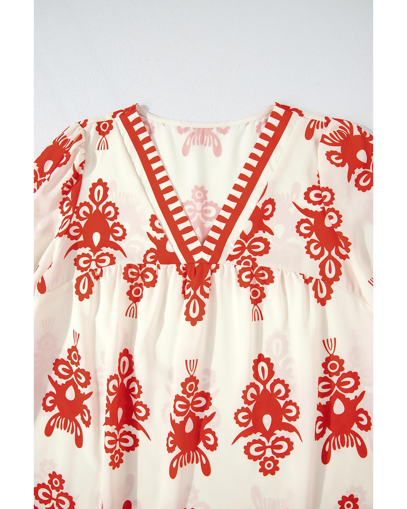 V539-AZEXDC25128564-P1420-M-202508271510-00 Orange Vintage Geometric Printed 3/4 Sleeve V Neck Blouse - M - Image 1