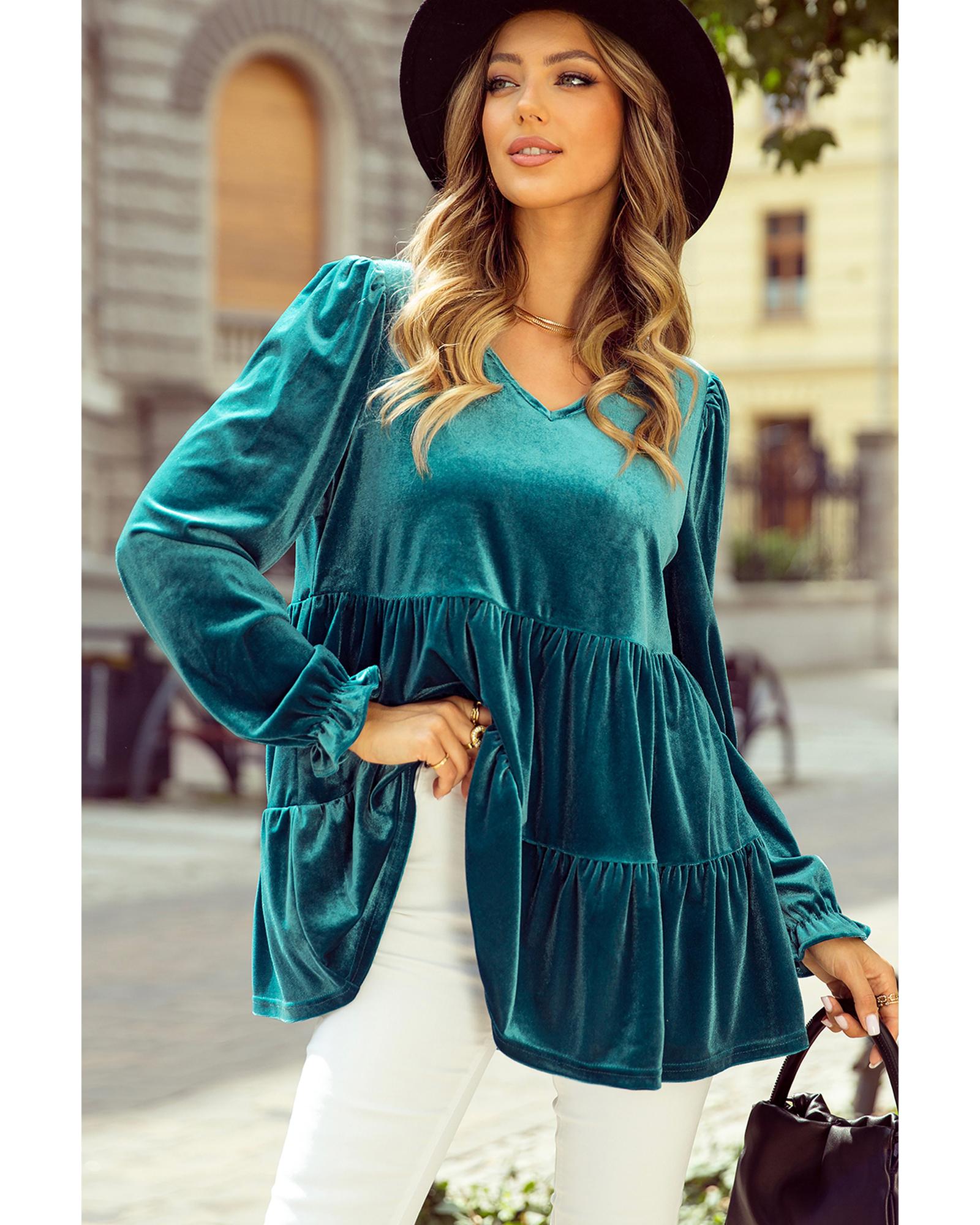V539-AZEXDC25128641-P1709-S-202506120416-00 Sea Green Velvet V Neck Peplum Hem Puff Sleeve Blouse - S - Image 1