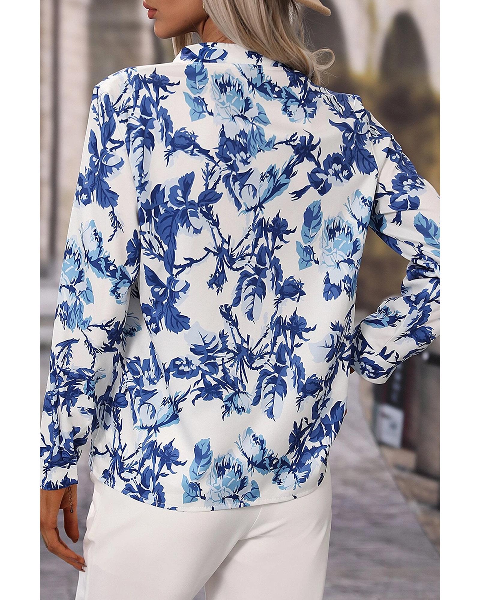 V539-AZEXDC25128666-P420-XL-202508271400-00 Sky Blue Floral Print Notched Neck Elegant Blouse - XL - Image 1