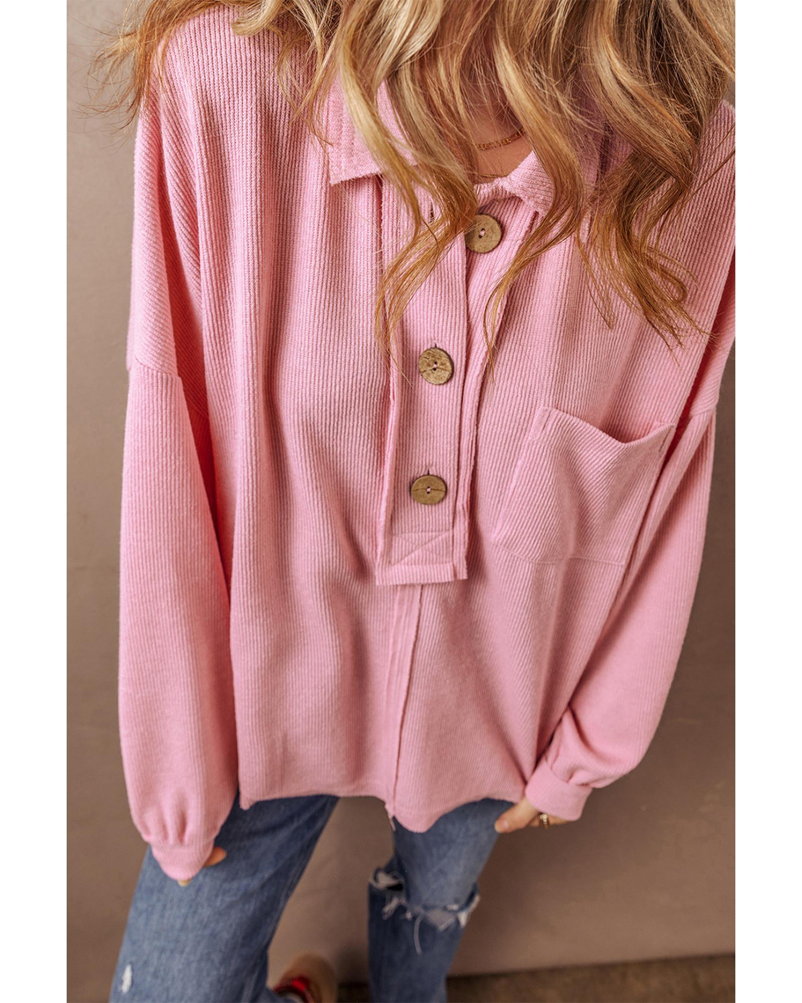 V539-AZEXDC25128683-P10-M-202508271135-00 Pink Ribbed Knit Collared Henley Top with Chest Pocket - M - Image 1