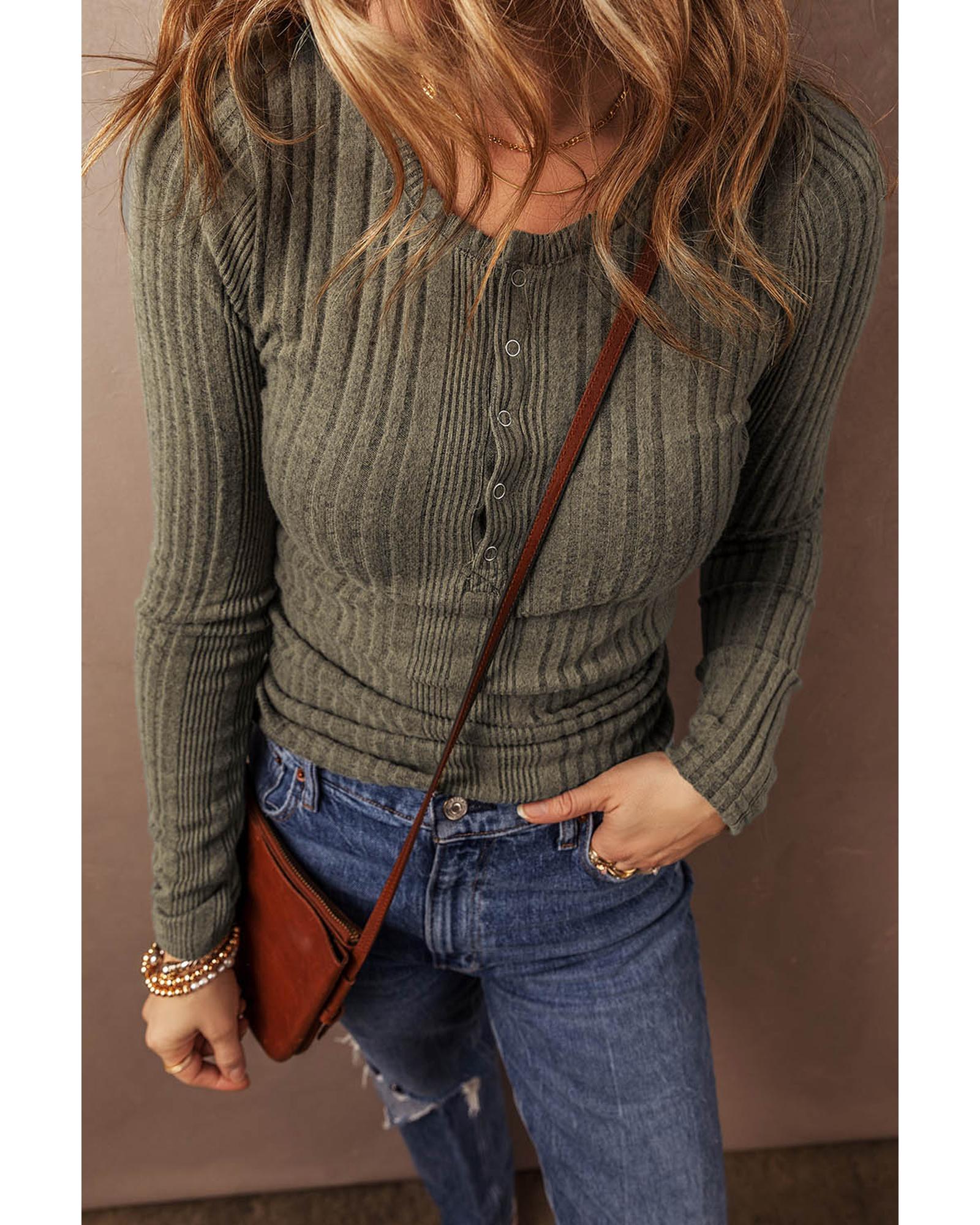 V539-AZEXDC25128684-P609-XL-202508271930-00 Jungle Green Ribbed Knit Half Button Slim Fit Blouse - XL - Image 1