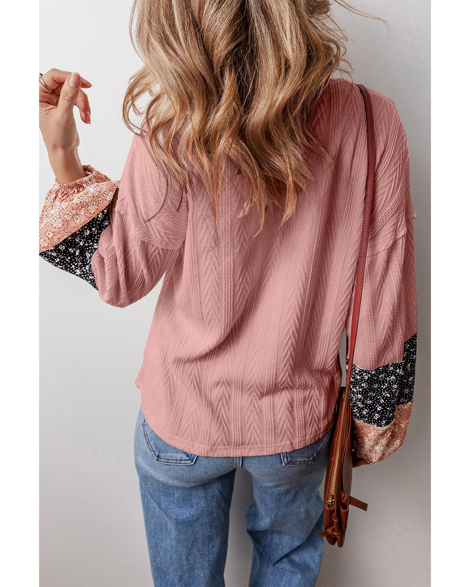 V539-AZEXDC25128691-P9010-S-202506120516-00 Dusty Pink Floral Patchwork Textured Knit Drawstring V Neck Blouse - S - Image 1