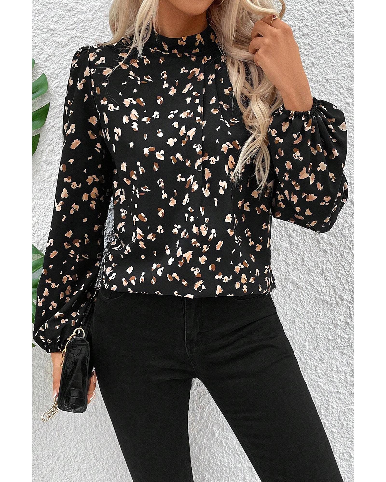 V539-AZEXDC25128703-P220-S-202506120530-00 Black Leopard Print Lantern Sleeve Mock Neck Pleated Blouse - S - Image 1