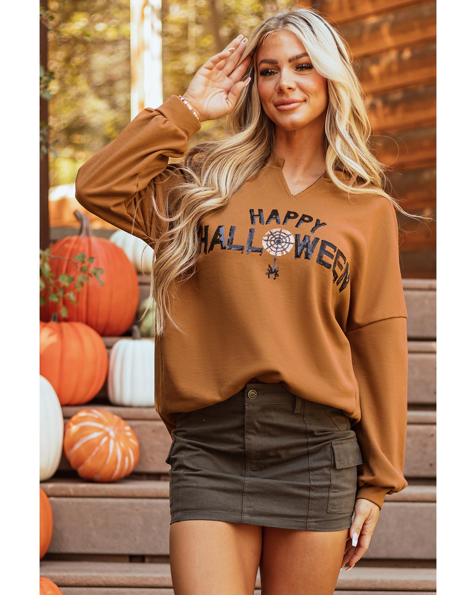 V539-AZEXDC25128756-P2017-L-202508272350-00 Chestnut Sequin Happy Halloween Graphic Notched Neck Long Sleeve Loose Top - L - Image 1