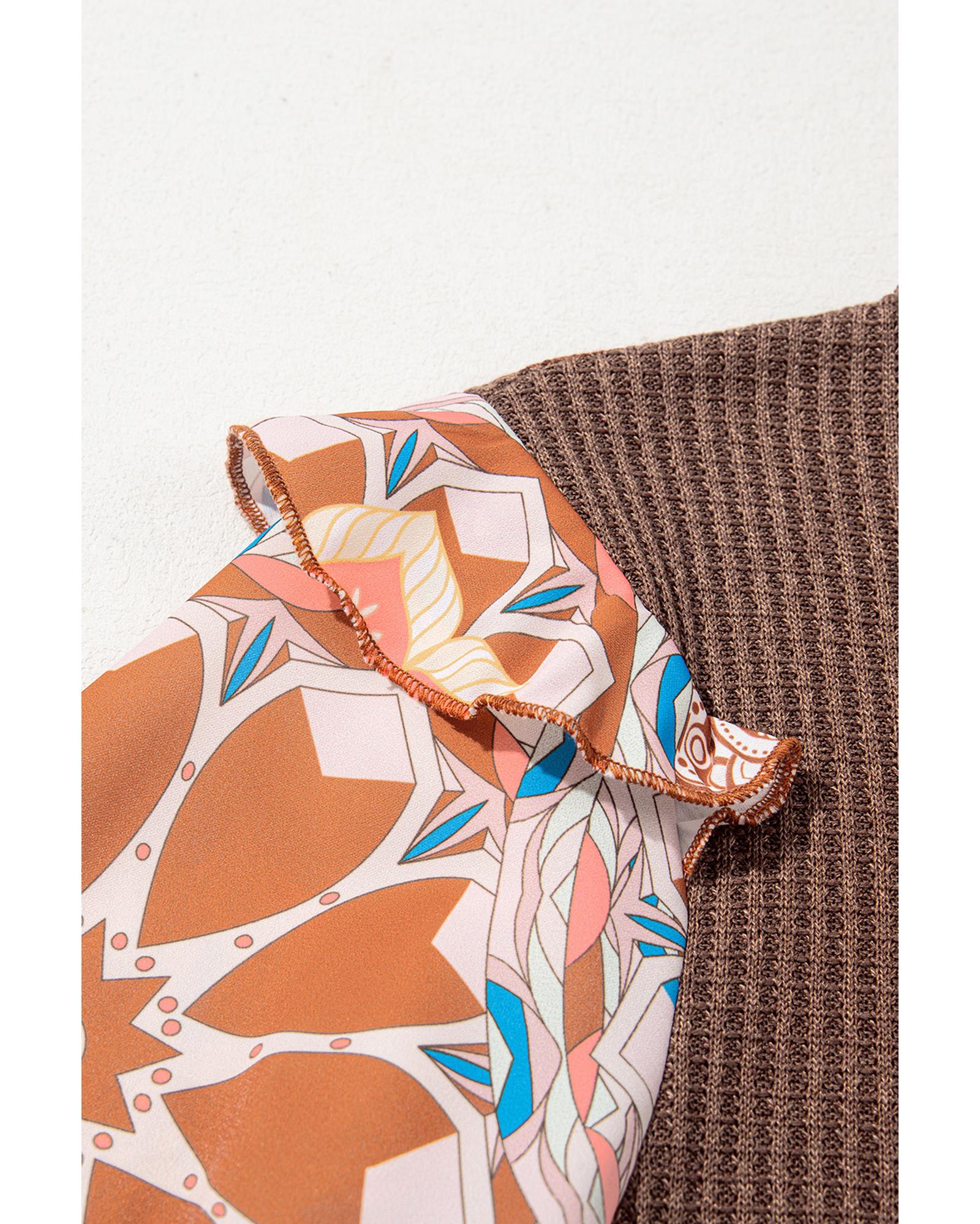 V539-AZEXDC25128758-P1017-XL-202508271650-00 Coffee Ruffled Floral Sleeve Patchwork Waffle Knit O Neck Blouse - XL - Image 1