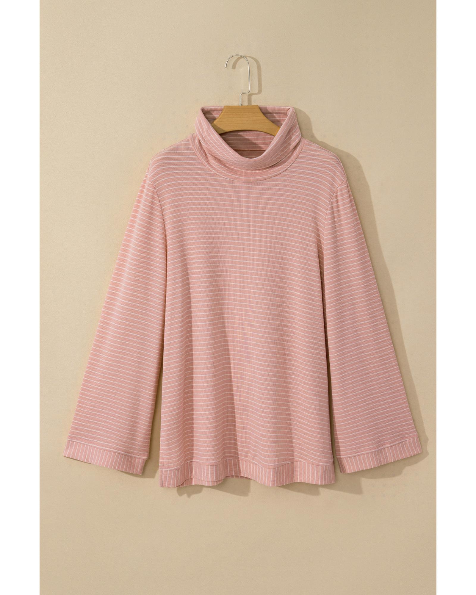 V539-AZEXDC25128763-P1019-M-202508270335-00 Pink Stripe Cowl Neck Side Slits Loose Fit Long Sleeve Top - M - Image 1