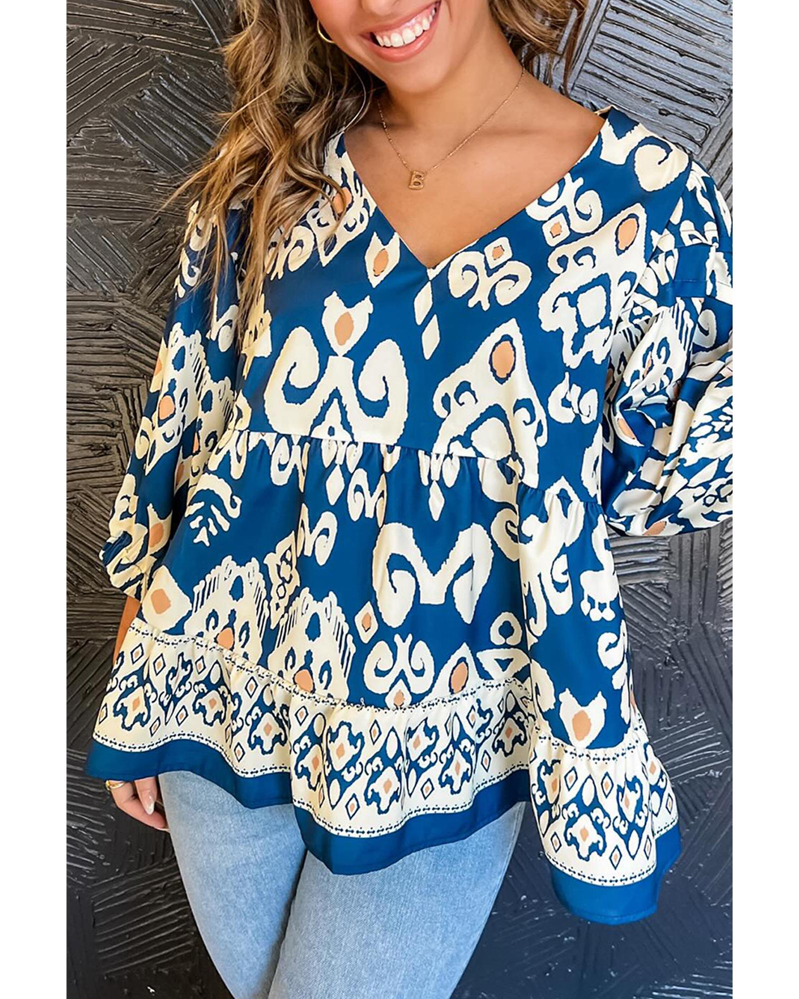 V539-AZEXDC25128787-P520-M-202508271610-00 Blue Tribal Geometric Print 3/4 Sleeve Flowy Fit Blouse - M - Image 1