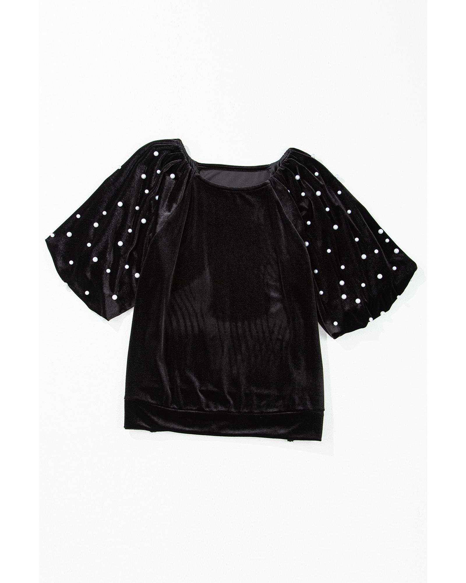 V539-AZEXDC25128934-P2-S-202508270725-00 Black Pearl Beaded Half Sleeve Velvet Top - S - Image 1