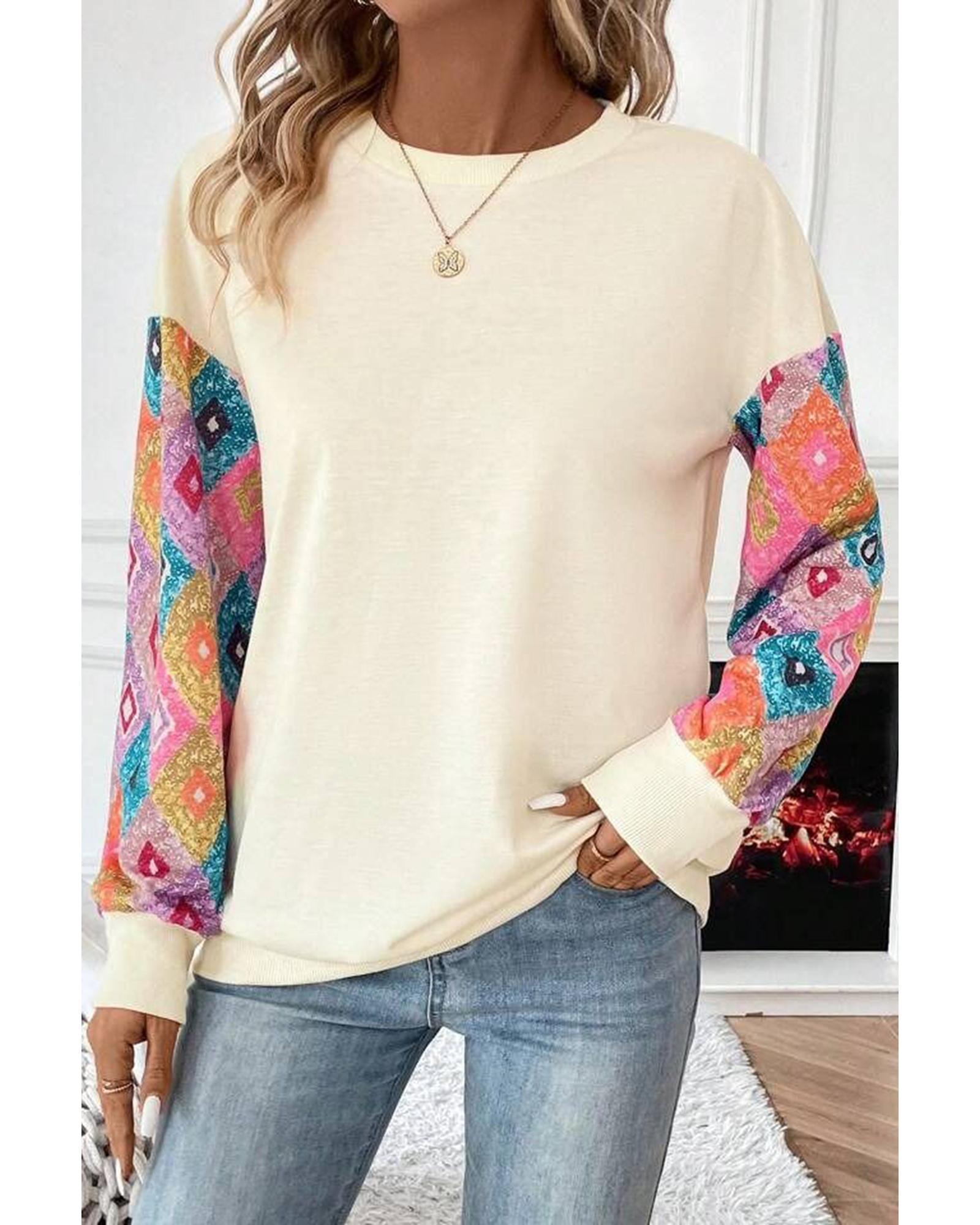 V539-AZEXDC25128960-P18-M-202508270310-00 Apricot Geometric Printed Patchwork Long Sleeve Round Neck Top - M - Image 1
