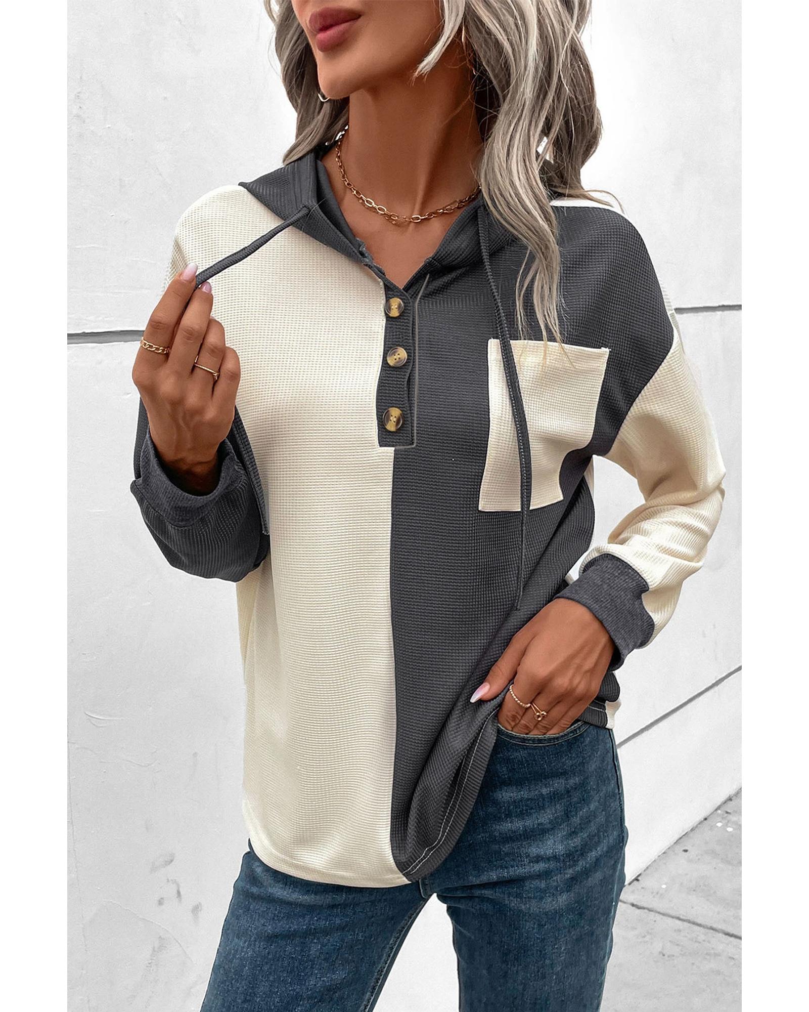 V539-AZEXDC25128977-P2011-S-202506120227-00 Dark Grey Waffle Colorblock Buttons Placket Drop Shoulder Drawstring Hoodie - S - Image 1