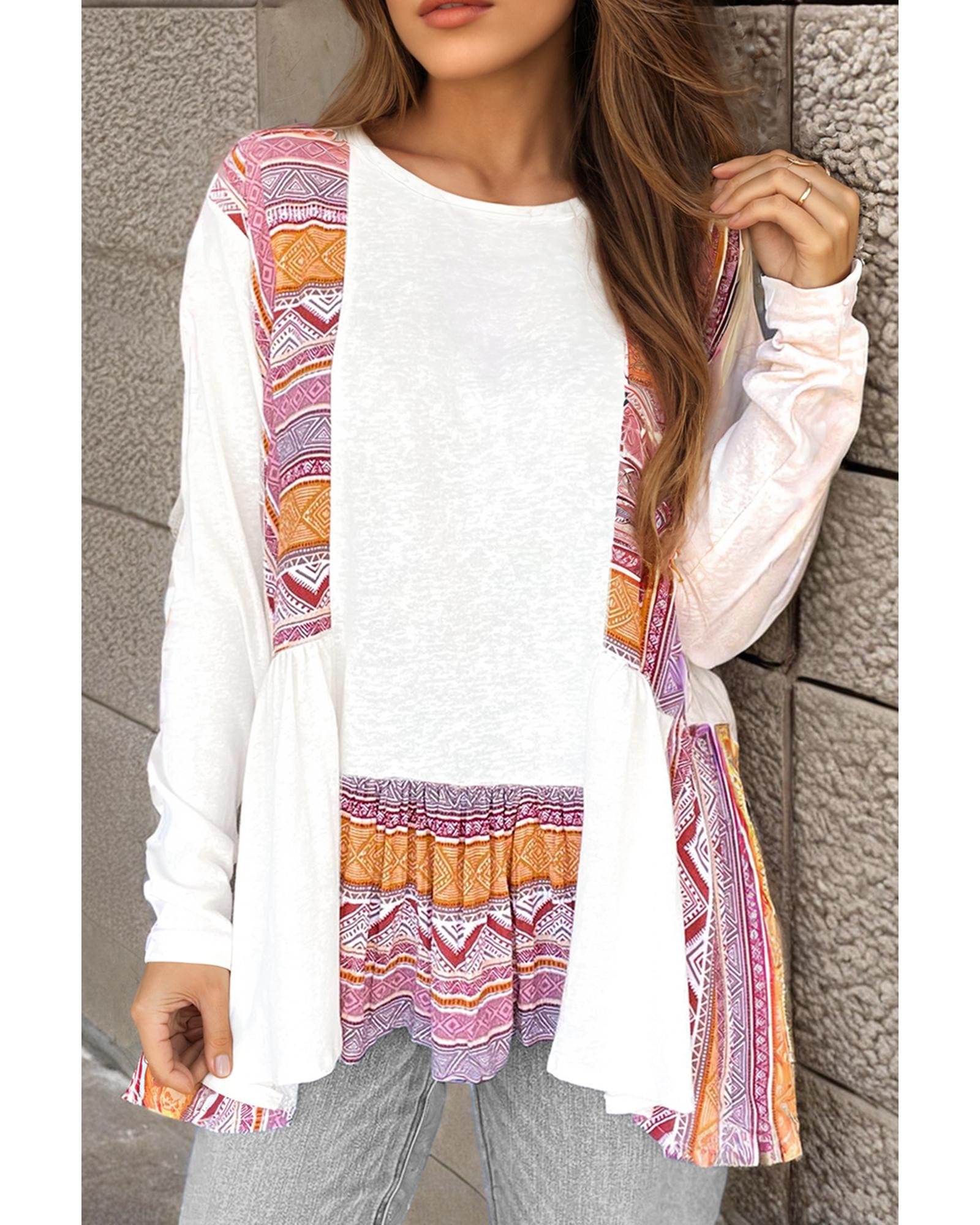 V539-AZEXDC25128984-P101-S-202506120236-00 White Western Aztec Print Patchwork Ruffled Tunic Long Sleeve Babydoll Top - S - Image 1