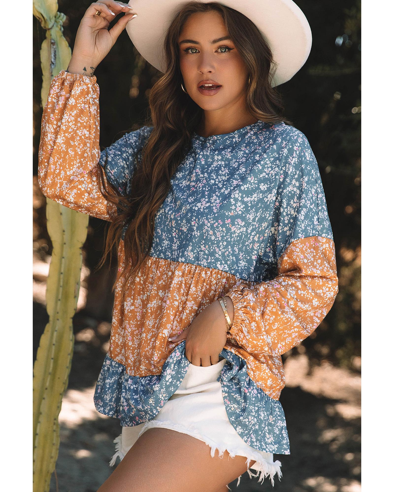 V539-AZEXDC25128989-P1420-S-202506120241-00 Orange Floral Color Block Patchwork Ruffled Hem Round Neck Blouse - S - Image 1