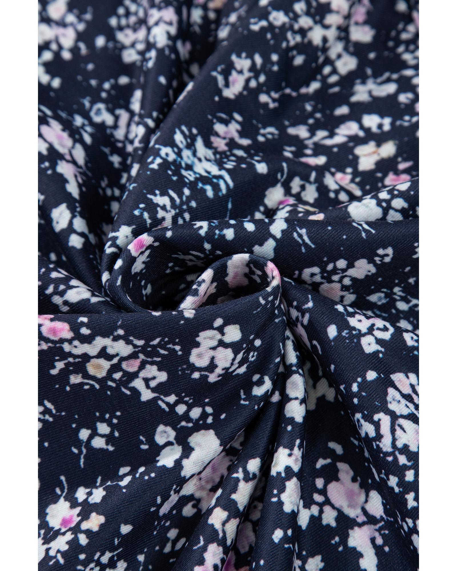 V539-AZEXDC25128989-P520-M-202508271810-00 Blue Floral Color Block Patchwork Ruffled Hem Round Neck Blouse - M - Image 1