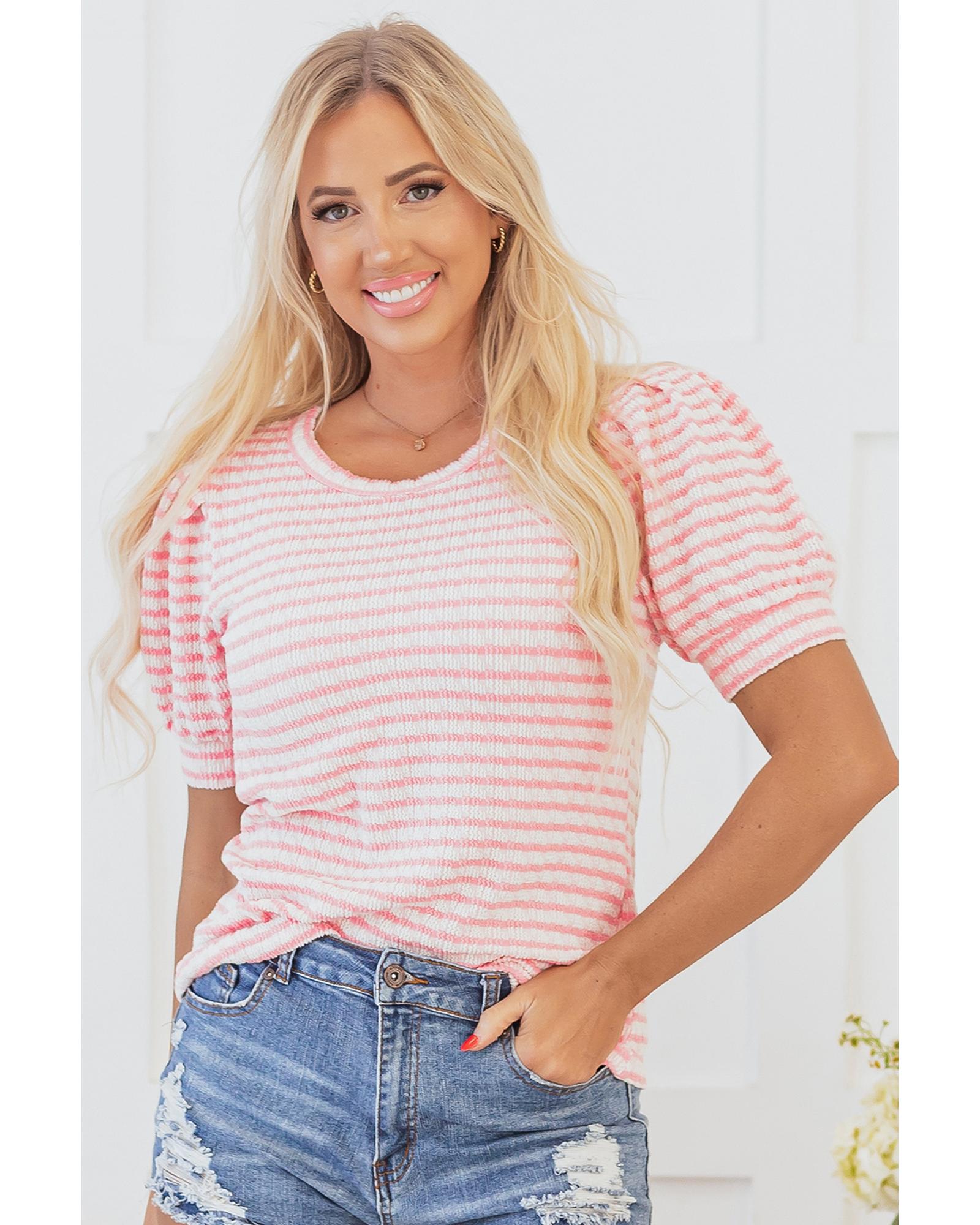 V539-AZEXDC25129057-P1019-M-202508271215-00 Pink Stripe Textured Puff Sleeve Crewneck Top - M - Image 1