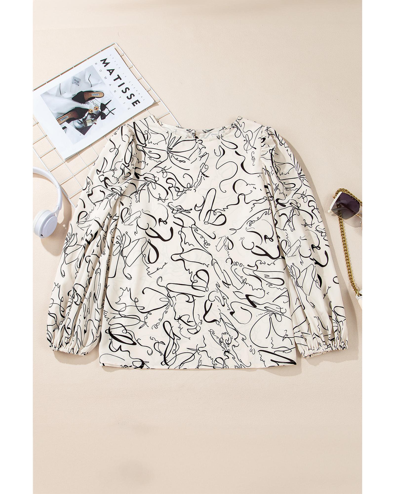 V539-AZEXDC25129110-P1520-M-202508270335-00 Beige Abstract Print Balloon Sleeve Crew Neck Blouse - M - Image 1