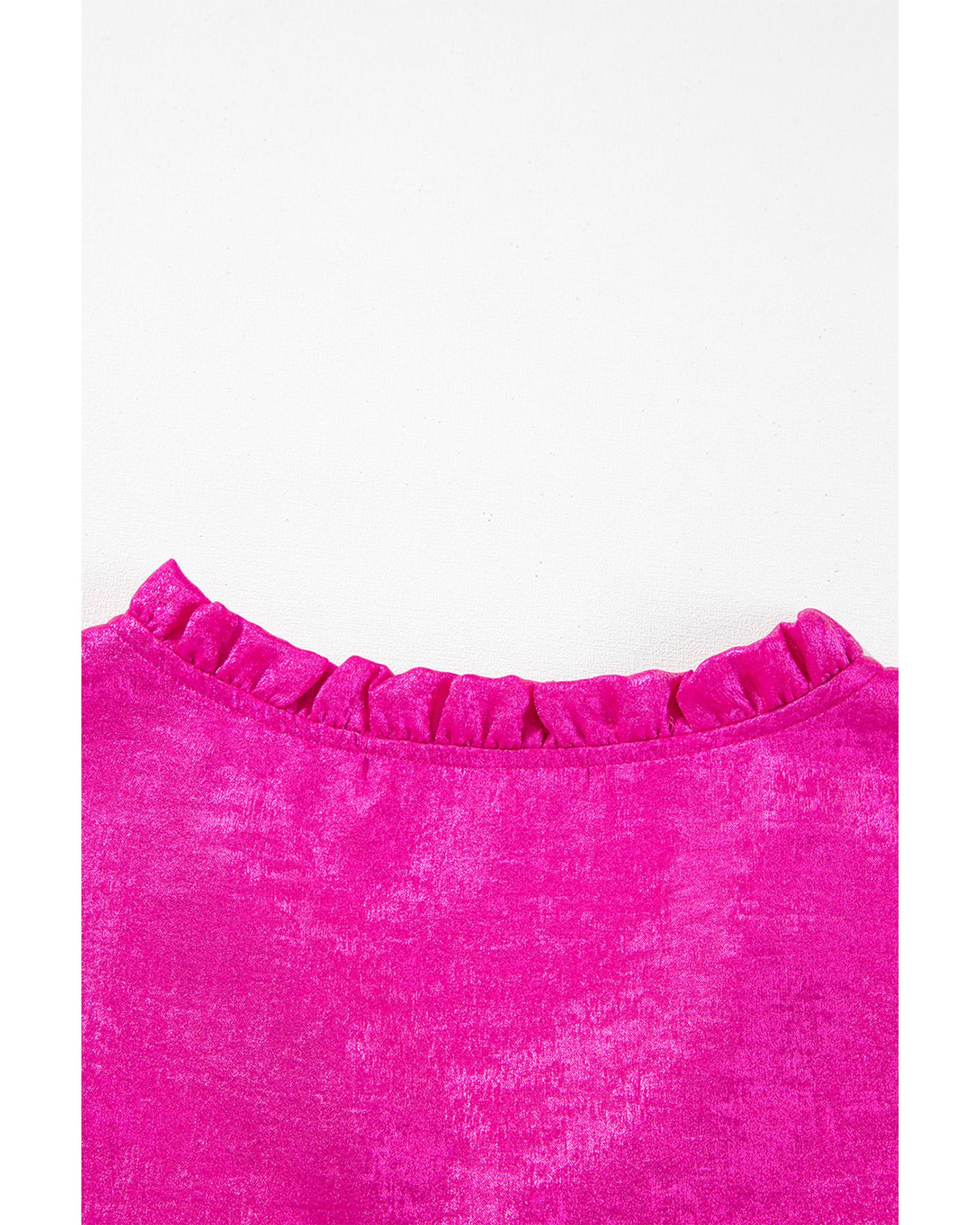 V539-AZEXDC25129163-P6-XL-202508271610-00 Rose Red Metallic Frilled V Neck Puff Sleeve Babydoll Blouse - XL - Image 1