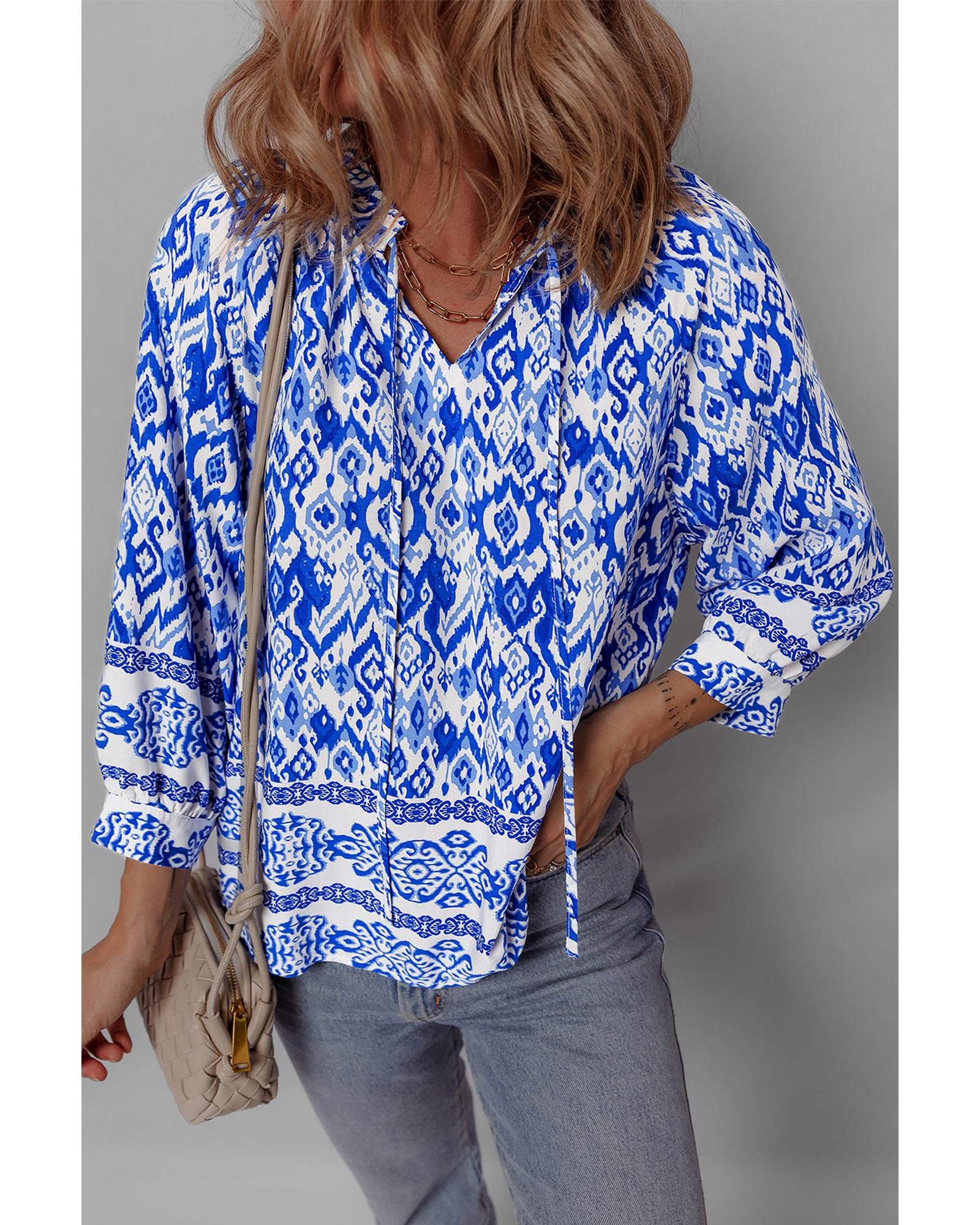 V539-AZEXDC25129183-P520-XL-202508271810-00 Blue Boho Printed 3/4 Sleeve Tied Neck Blouse - XL - Image 1