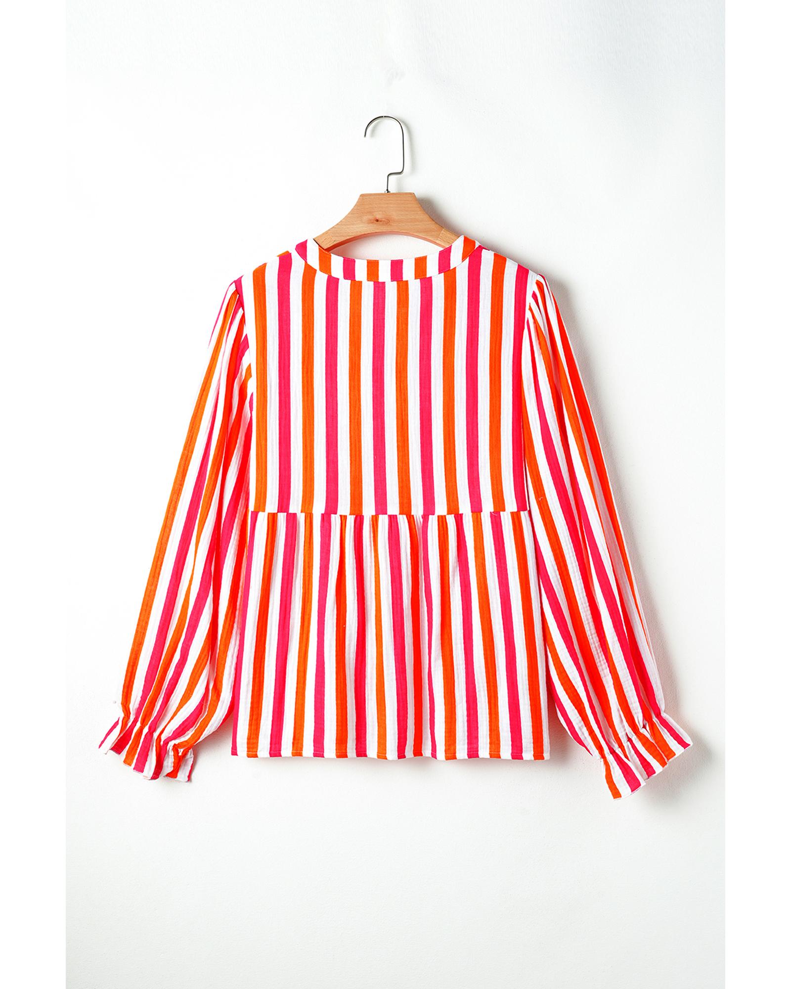 V539-AZEXDC25129203-P1419-S-202506120717-00 Orange Stripe Balloon Sleeve Notched V Neck Buttoned Front Blouse - S - Image 1