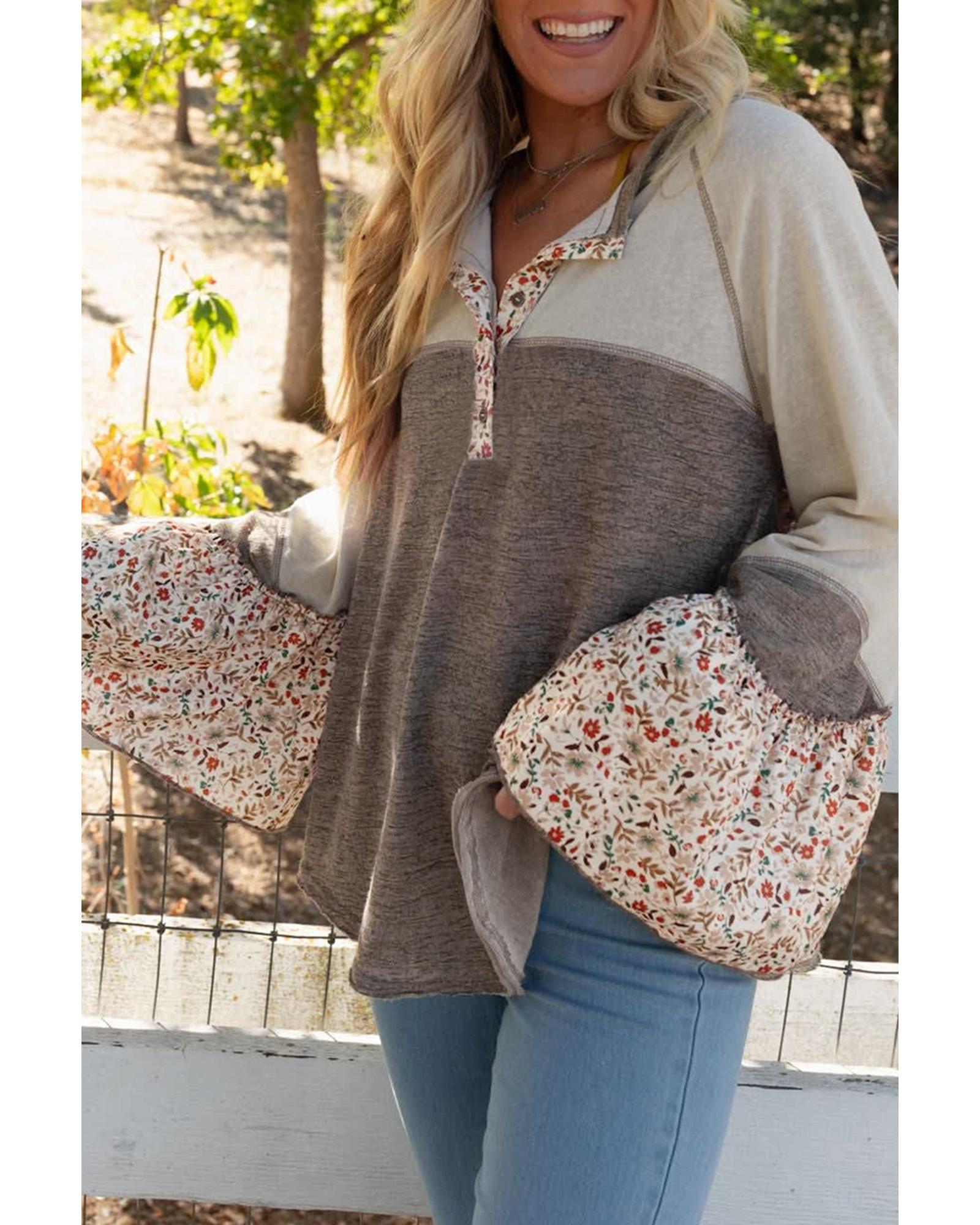 V539-AZEXDC25129212-P1217-M-202508271400-00 Goat Colorblock Floral Patchwork Flared Sleeve Buttons Henley Top - M - Image 1