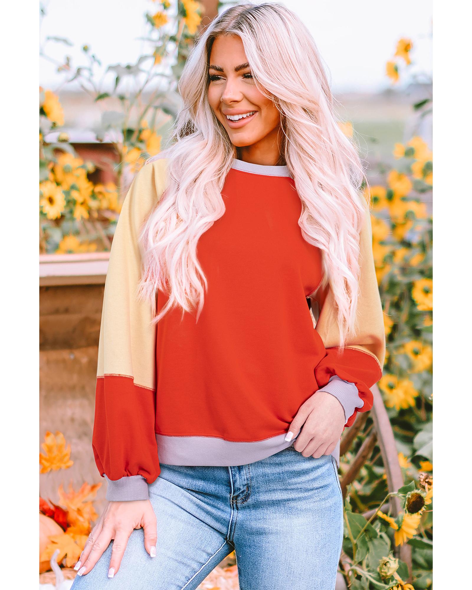 V539-AZEXDC25129215-P1422-M-202508272345-00 Orange Color Block Side Slits Raglan Sleeve Loose Fit Top - M - Image 1