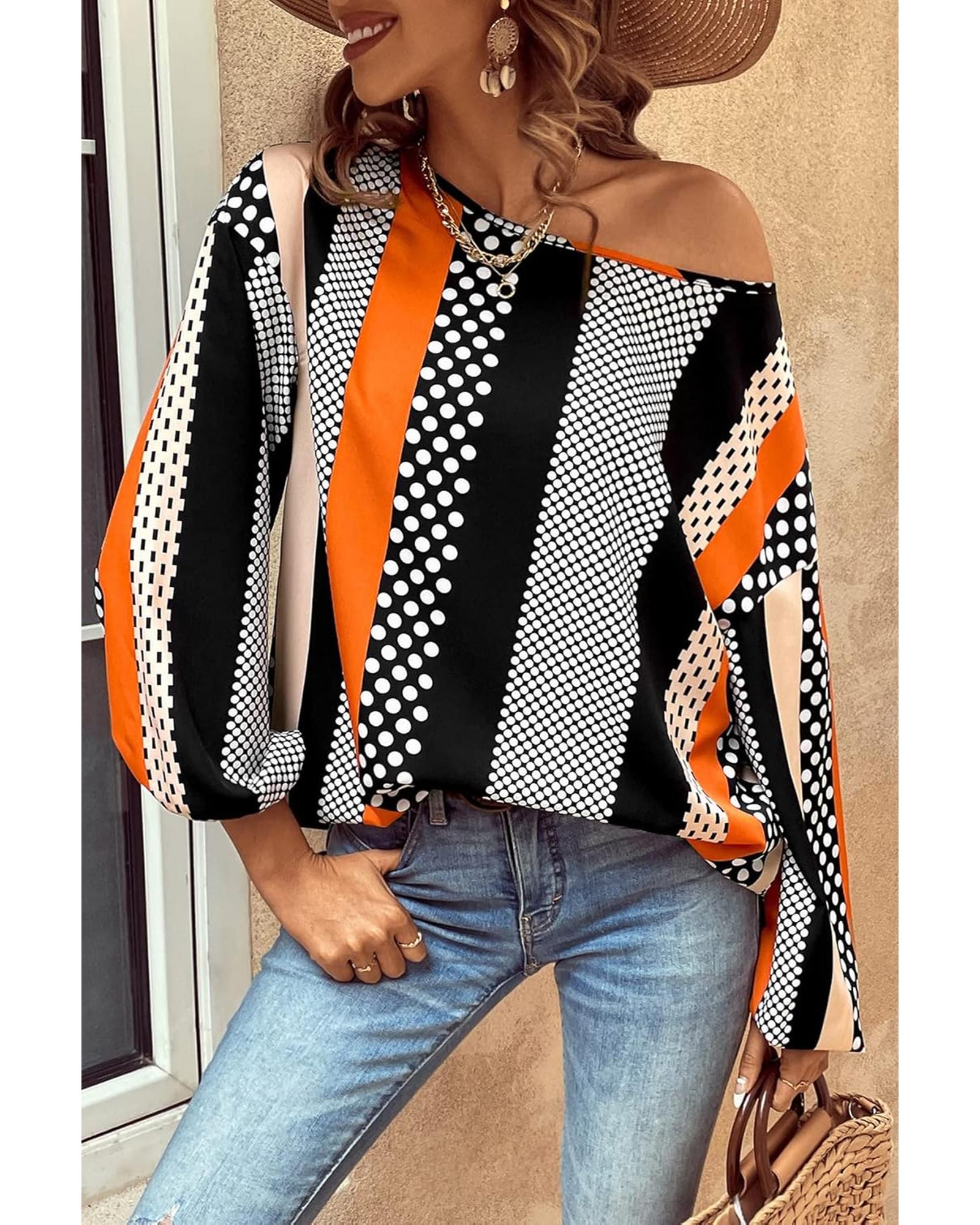 V539-AZEXDC25129282-P1422-S-202506120816-00 Orange Polka Dot Vertical Striped Printed Puff Sleeve Blouse - S - Image 1