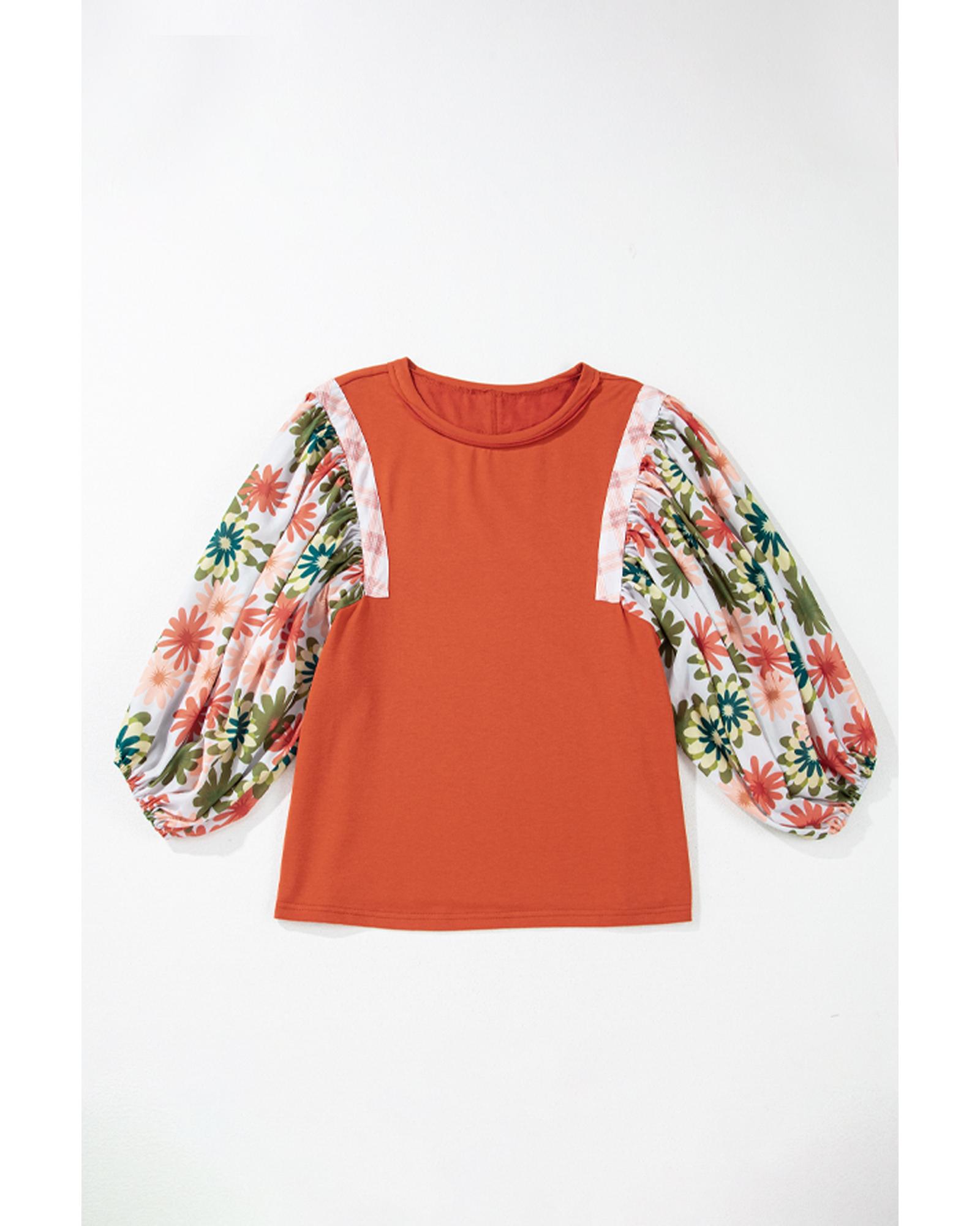 V539-AZEXDC25129363-P8014-M-202508271105-00 Desert Gold Floral Puff Sleeve Patchwork Round Neck Blouse - M - Image 1