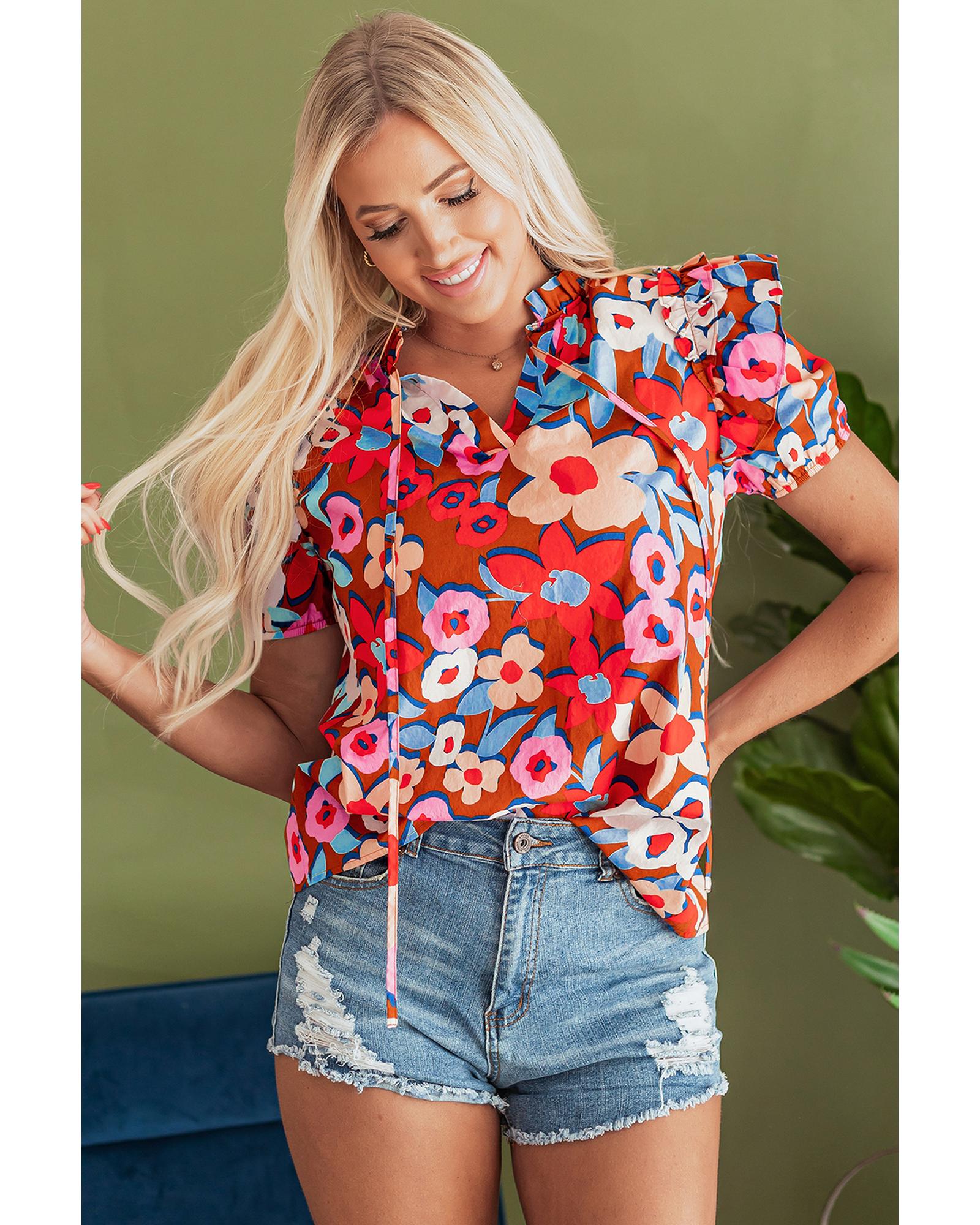 V539-AZEXDC25129425-P1720-M-202508271220-00 Brown Flower Print Self Tie Frilled Collar Puff Sleeve Blouse - M - Image 1