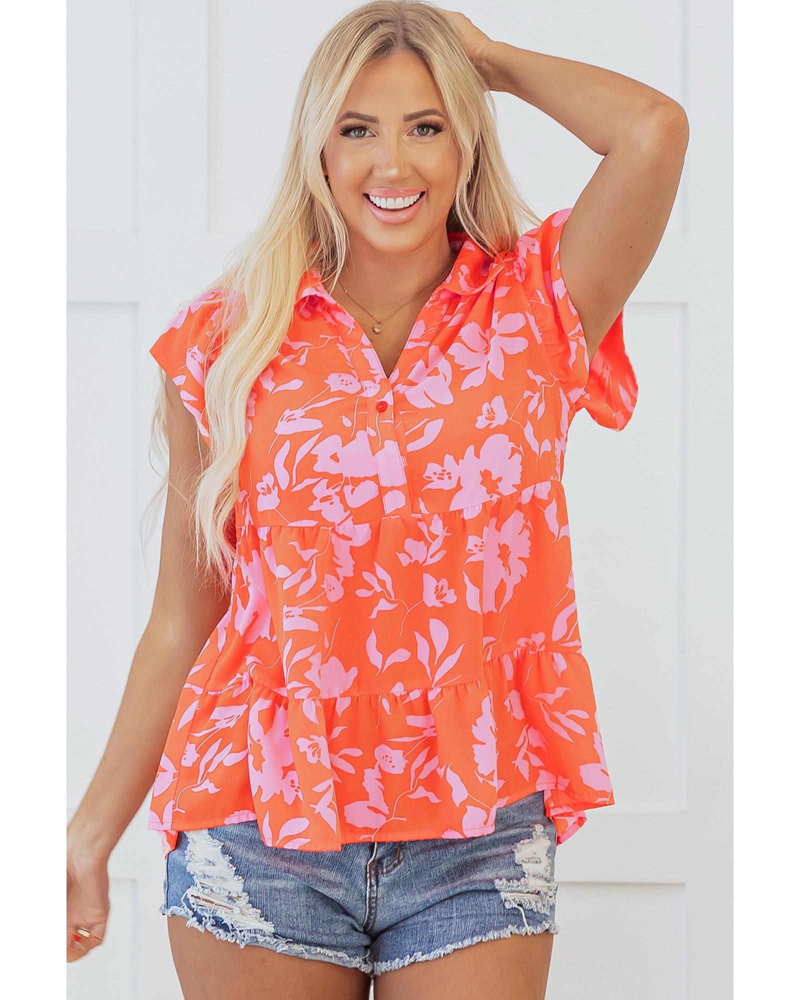 V539-AZEXDC25129431-P1420-S-202506120342-00 Orange Floral Print Collared Button Neckline Flutter Sleeve Blouse - S - Image 1