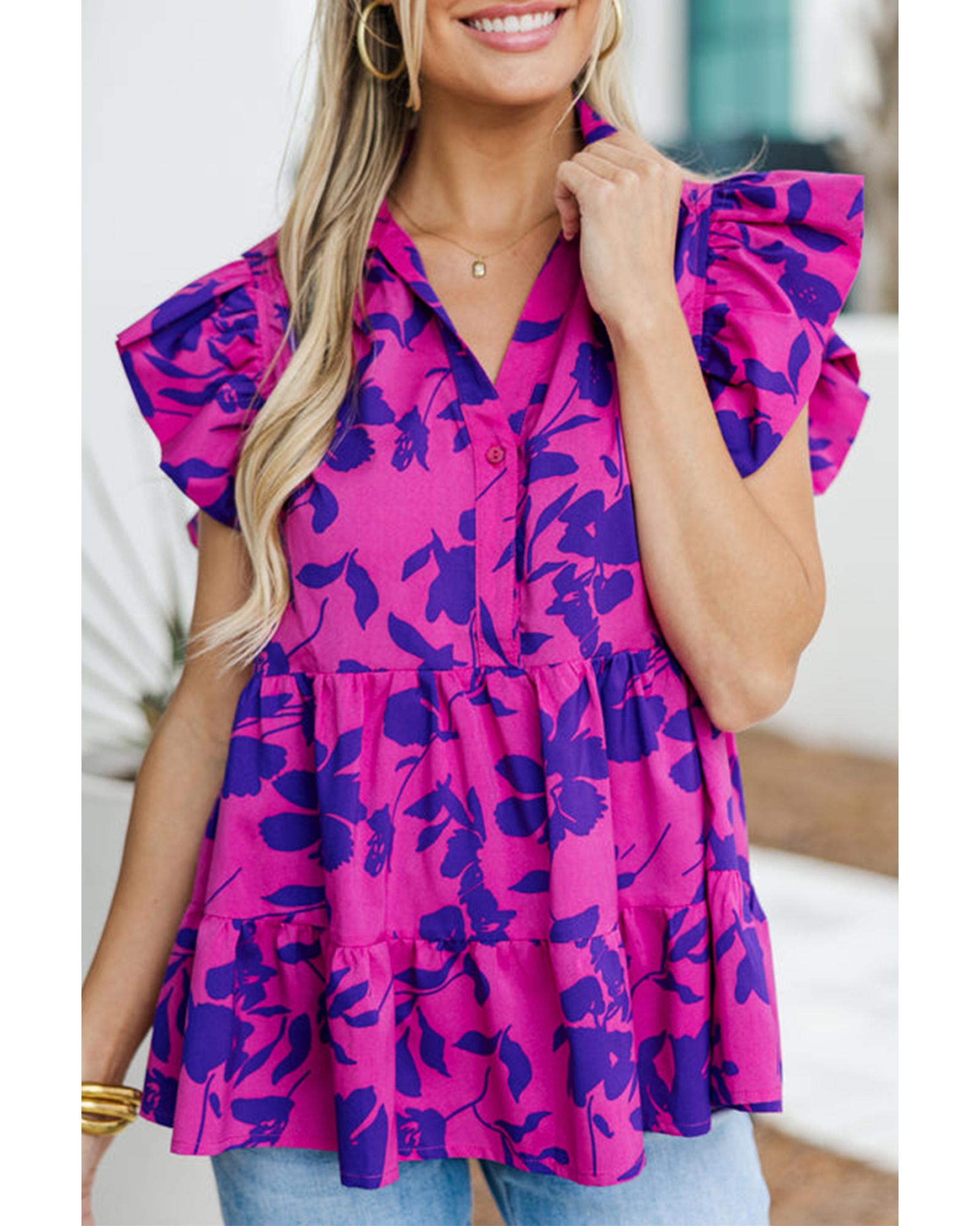 V539-AZEXDC25129431-P620-M-202508270100-00 Rose Floral Print Collared Button Neckline Flutter Sleeve Blouse - M - Image 1