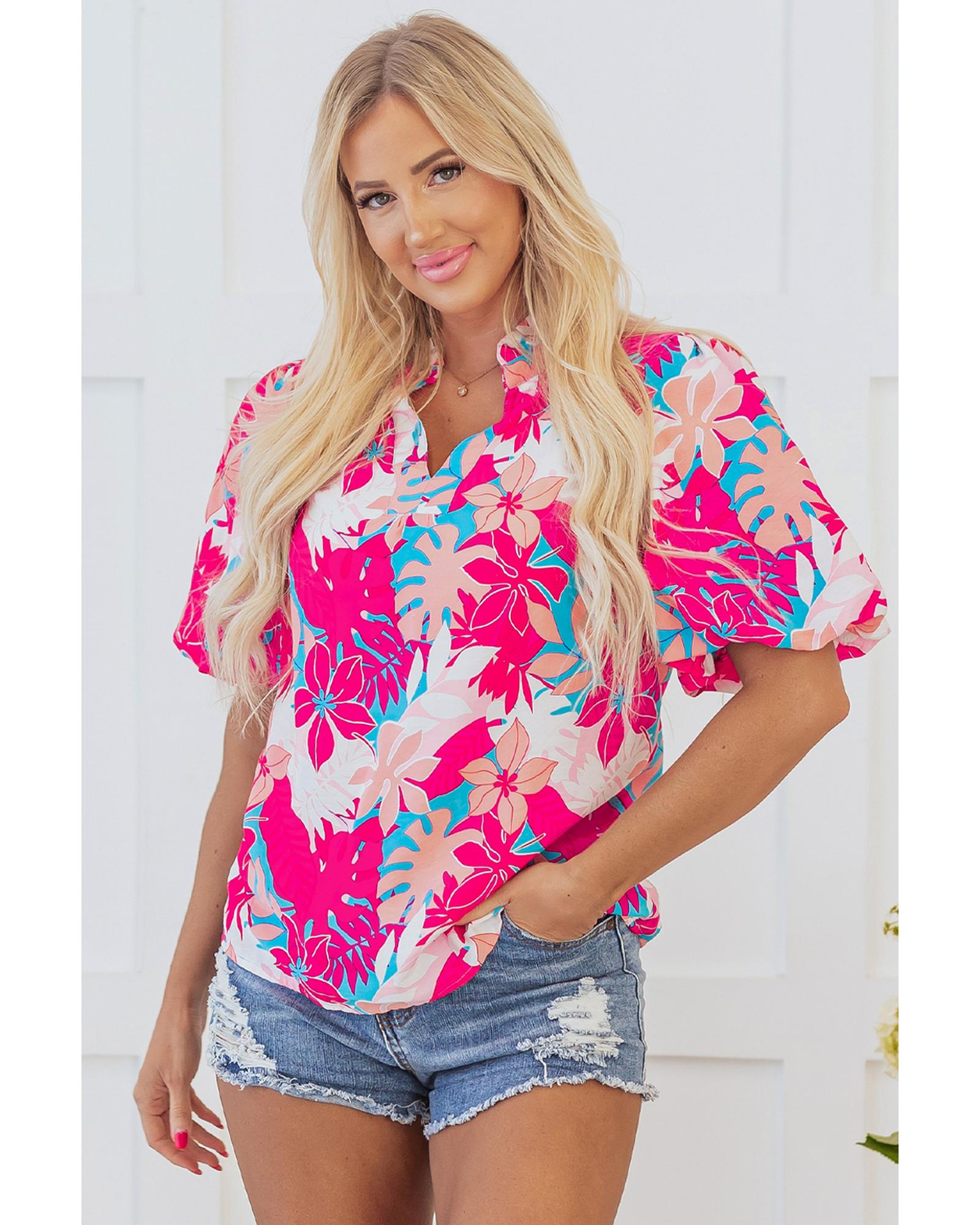 V539-AZEXDC25129435-P620-M-202508271145-00 Rose Tropical Plant Printed V Neck Puff Sleeve Blouse - M - Image 1