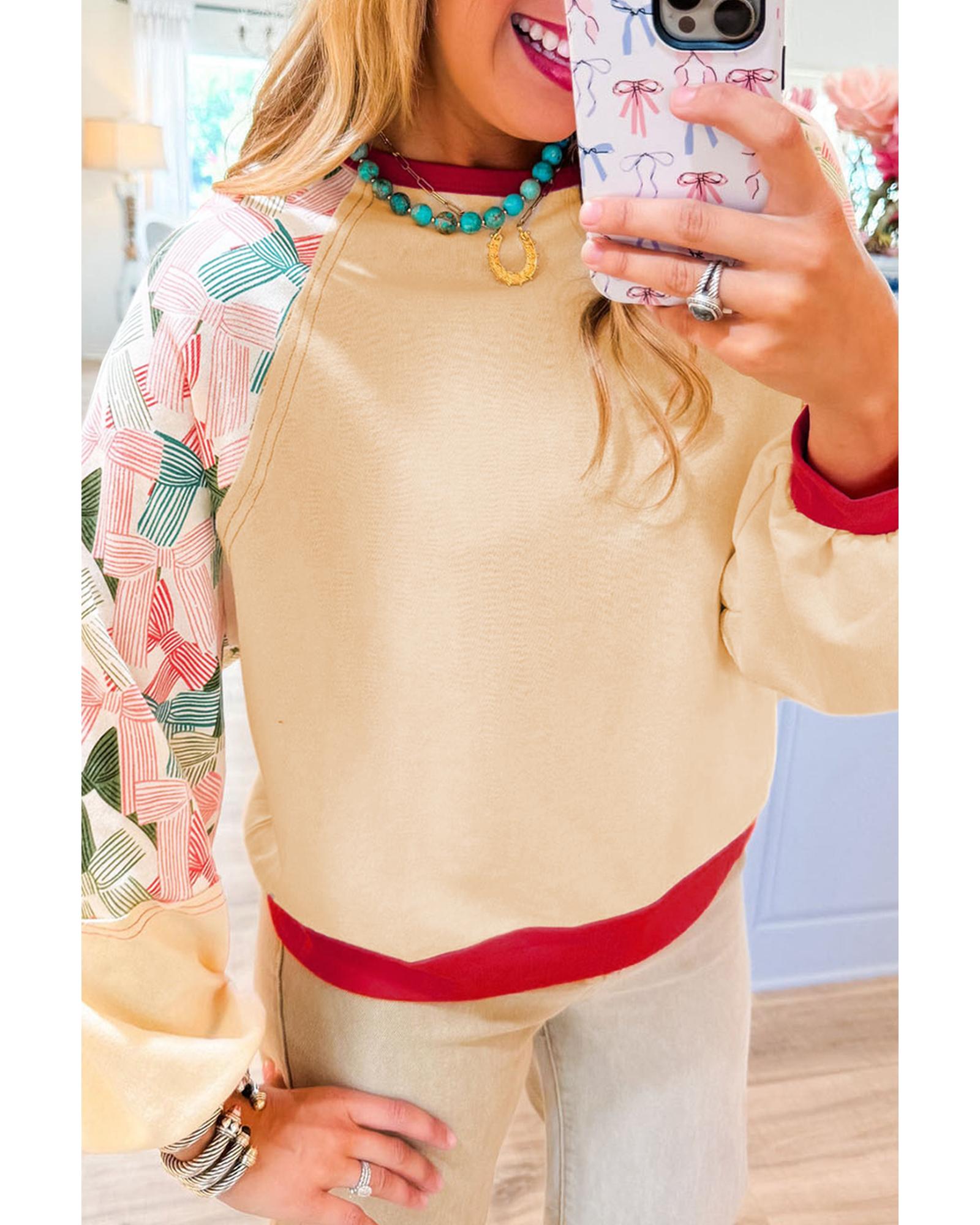 V539-AZEXDC25129458-P15-L-202508271520-00 Beige Bowknot Printed Patchwork Raglan Sleeve Colorblock Edge Top - L - Image 1