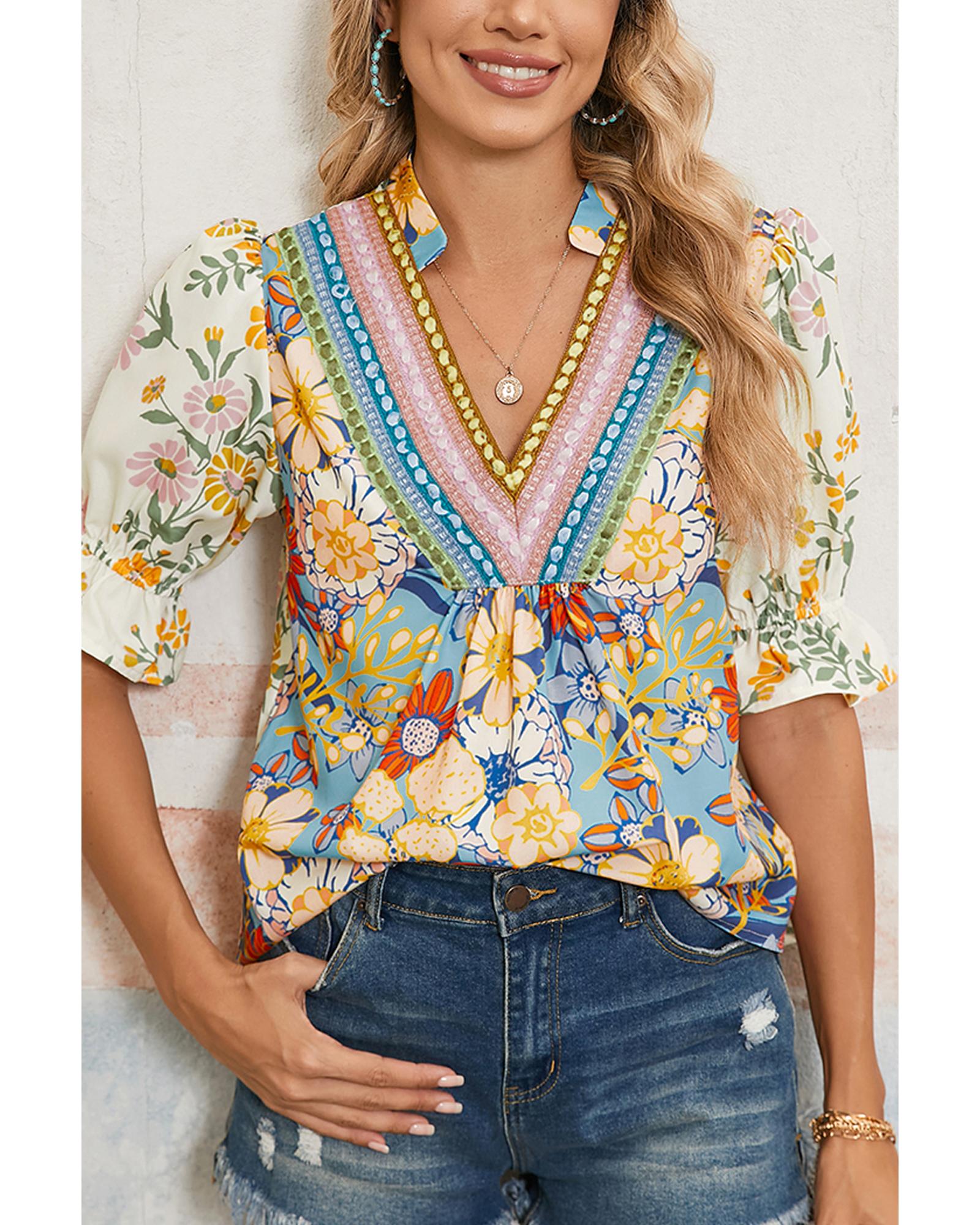 V539-AZEXDC25129482-P22-M-202508270505-00 Multicolour Crochet V Neck Half Sleeve Boho Floral Blouse - M - Image 1