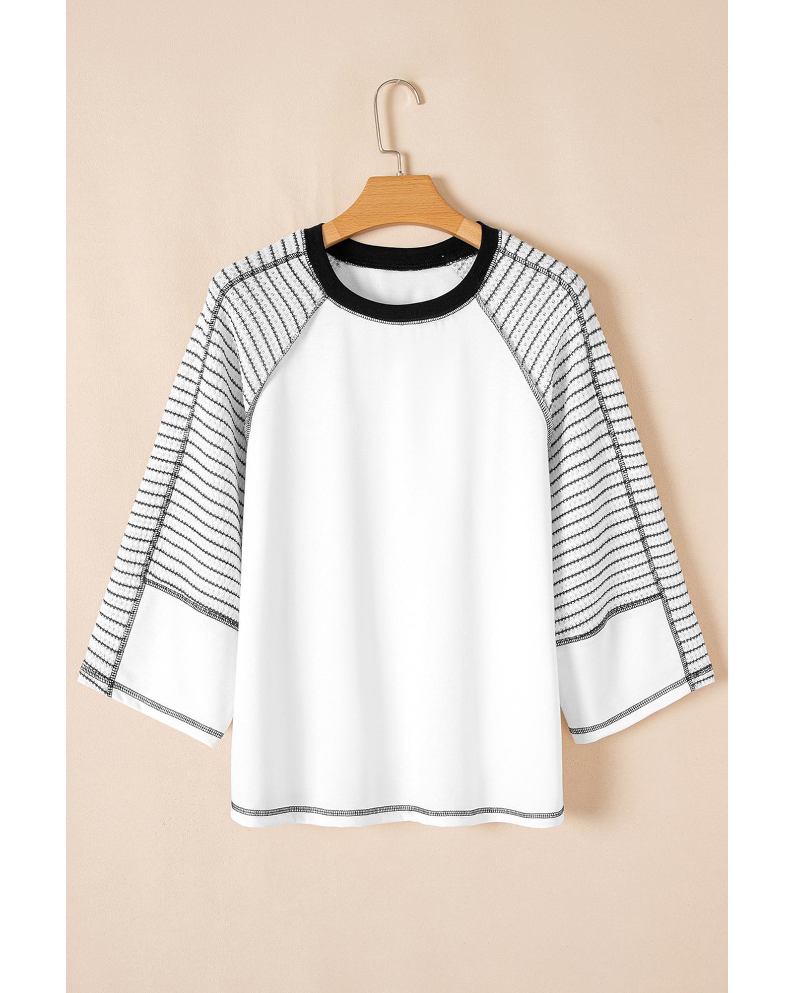 V539-AZEXDC25129487-P2-M-202508271030-00 Black Striped Bracelet Sleeve Raglan Patchwork Top - M - Image 1