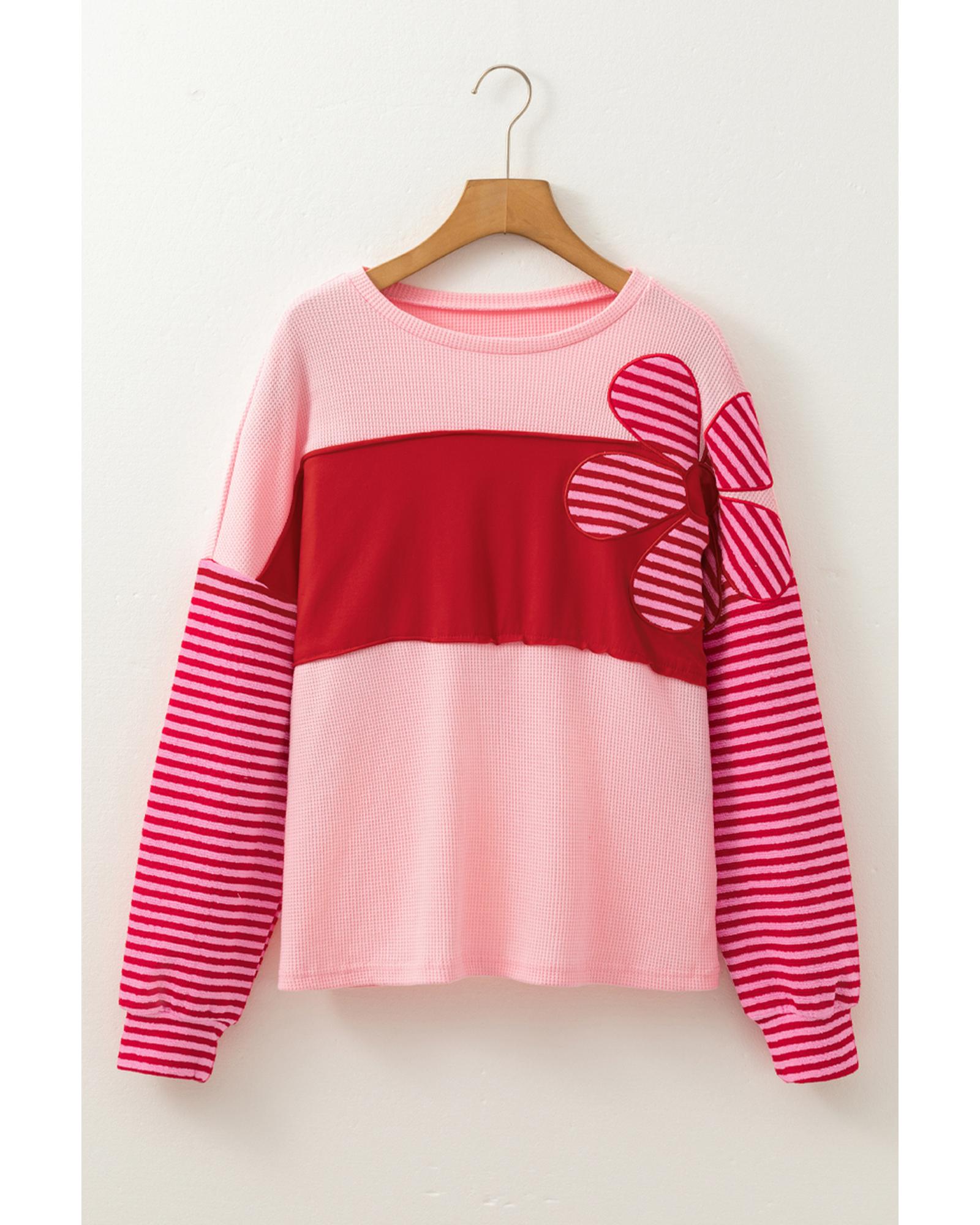 V539-AZEXDC25129506-P10-M-202508271255-00 Pink Floral Patch Color Block Striped Sleeve Textured Top - M - Image 1