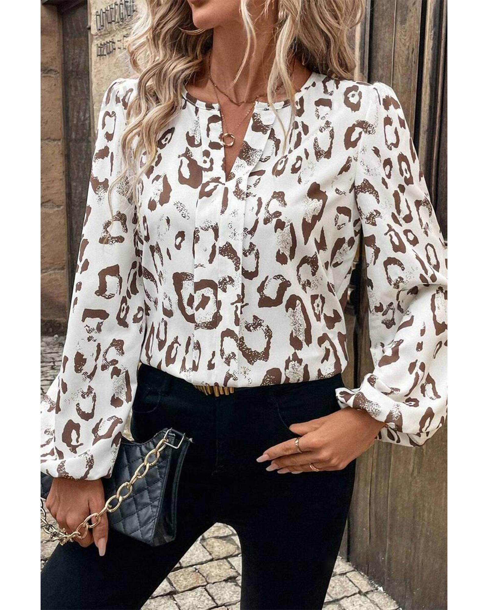 V539-AZEXDC25129508-P1620-M-202508271705-00 Khaki Leopard Print Split Neck Balloon Sleeve Blouse - M - Image 1