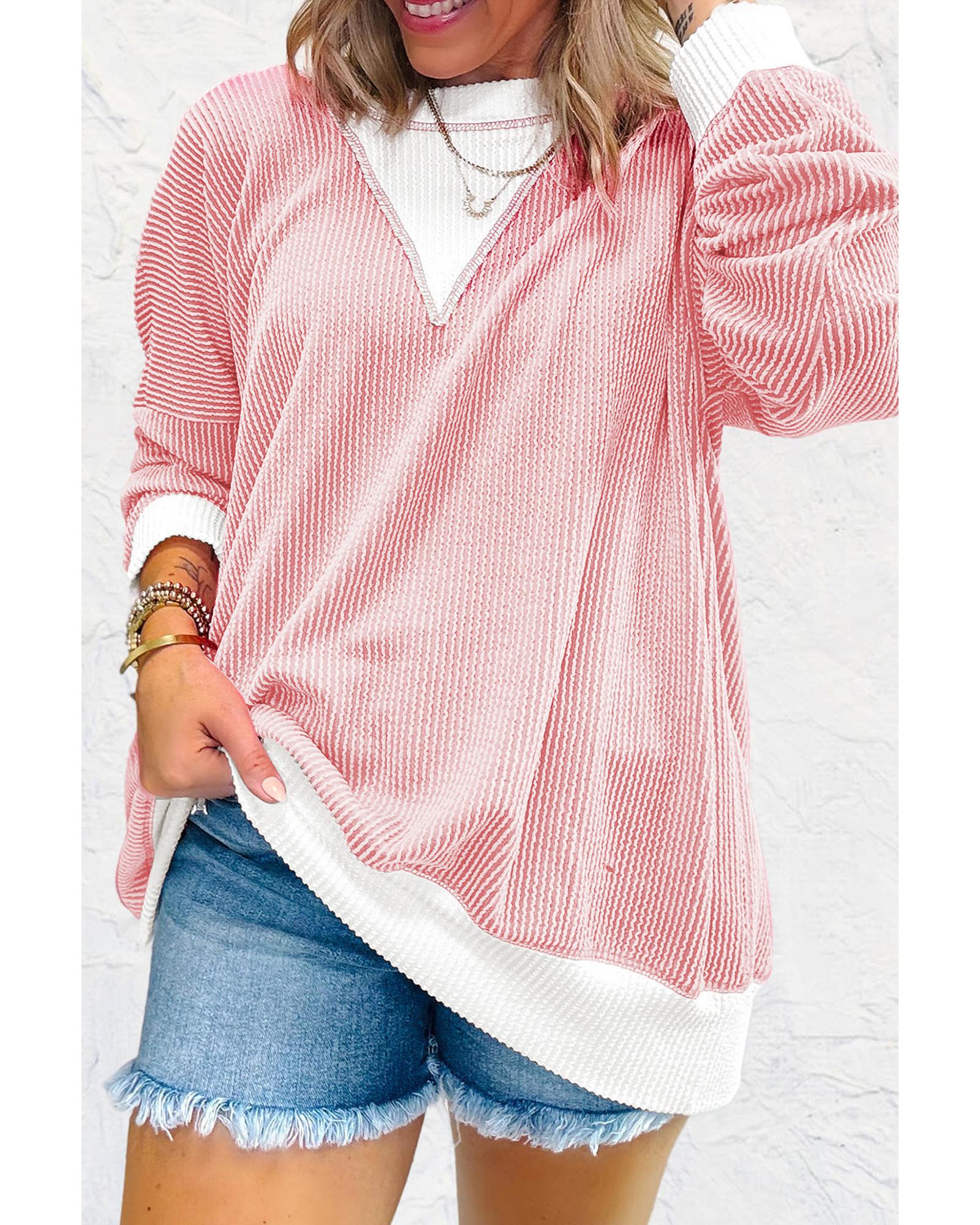 V539-AZEXDC25129519-P4010-XL-202508270230-00 Peach Blossom Corded Colorblock Drop Shoulder Loose Top - XL - Image 1