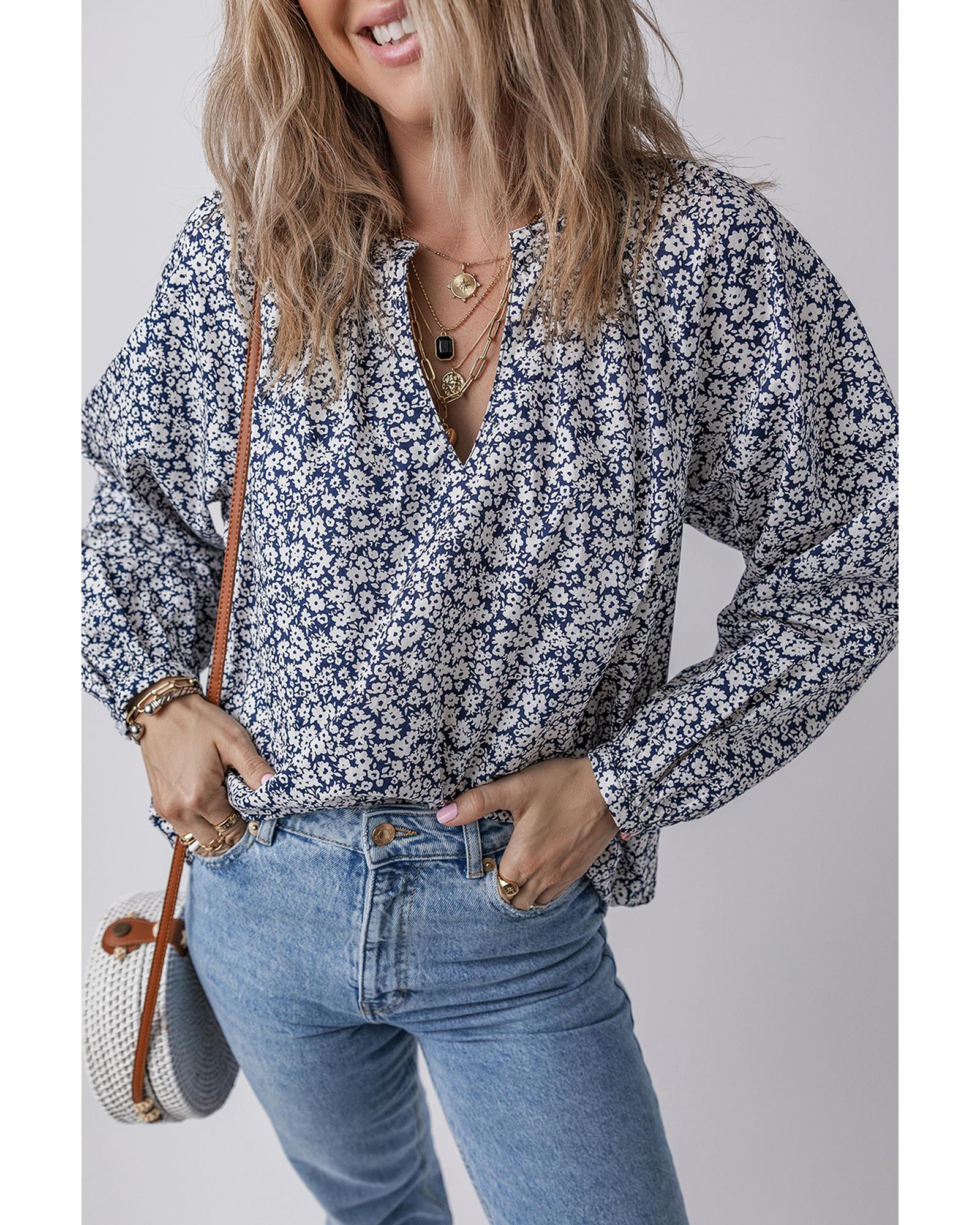 V539-AZEXDC25129531-P520-M-202508271855-00 Blue Floral Print Notched V Neck Puff Sleeve Blouse - M - Image 1